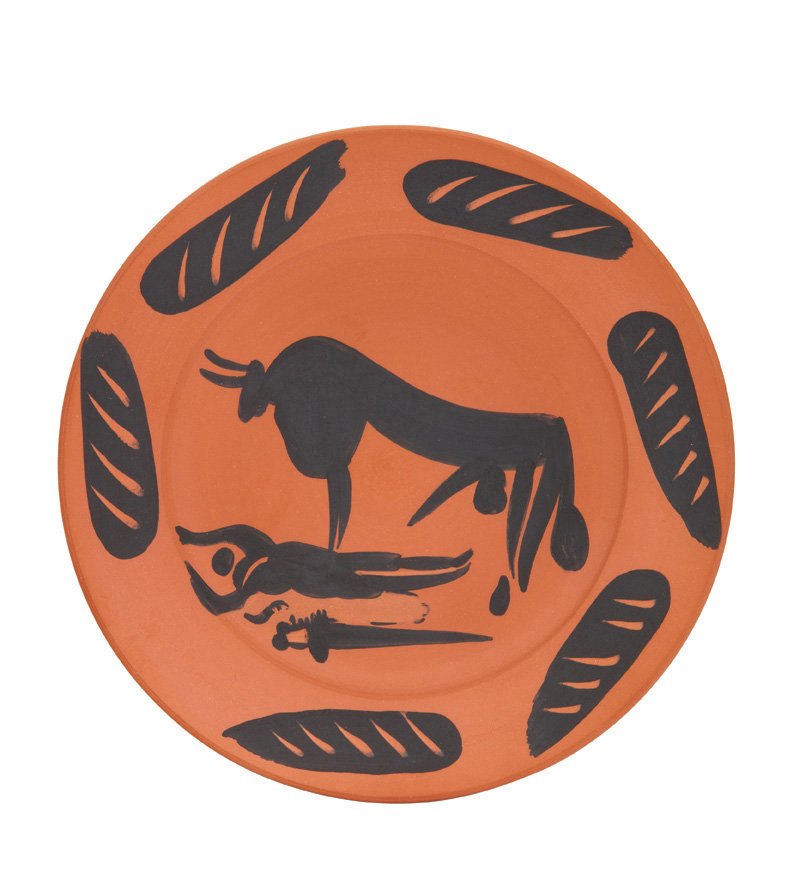 Pablo Picasso, Tauromachy Scene: Pablo Picasso Tauromachy Scene 1957 Red earthenware clay with engobe decoration and knife engraving #282 of 500 Madoura Stamped "Madoura Plein Feu" and "Edition Picasso" verso; inscribed "K117/Edition