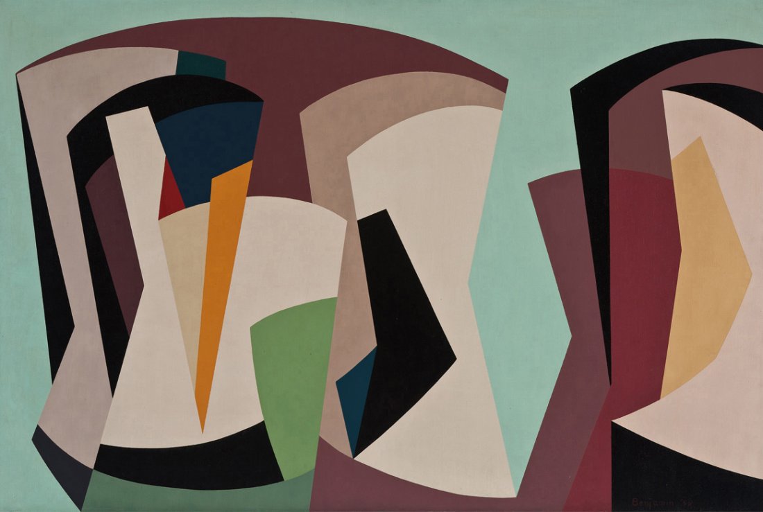 Karl Benjamin, Untitled: Karl Benjamin Untitled 1955 Oil on canvas Signed and dated "Benjamin '55" lower right Canvas: 28" x 42"; Frame: 28.75" x 43"; Christmas card: 3.5" x 5.5" Provenance: Private Collection, California