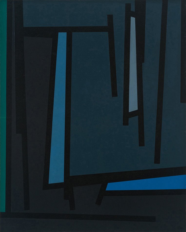 Karl Benjamin, Untitled (Tape Grid series): Karl Benjamin Untitled (Tape Grid series) 1961 Oil on canvas Signed and dated "KB61" lower left; retains partial Esther Robles Gallery label verso; stamped "Karl Benjamin/675 W. 8th Street/Claremont,