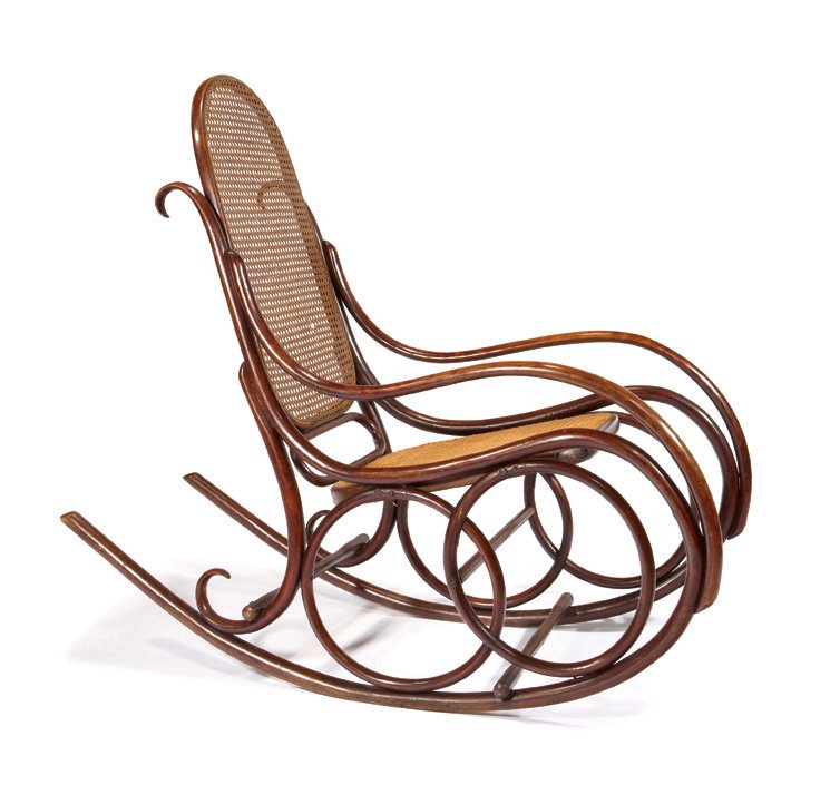 Thonet, Rocking chair: Thonet Rocking chair Designed c. 1890, executed first quarter of 20th century Steam bent beech, cane Thonet 42.325" x 24" x 47" Estimate: $400 - $600
