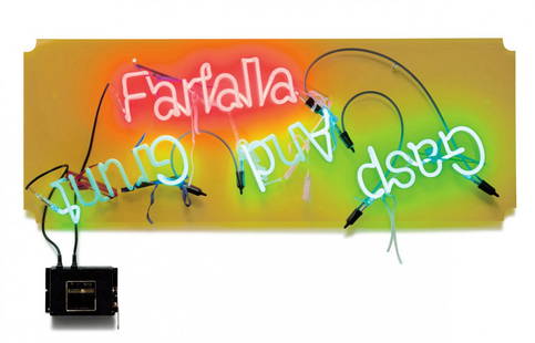 Jason Rhoades, Gasp and Grunt, Farfalla: Jason Rhoades Gasp and Grunt, Farfalla (From Meccatuna) #194 2003 Neon lights mounted on Plexiglas with wire, string, lace, and transformer Transformer retains Meccatuna label 17.25" x 46.75" Exhibite