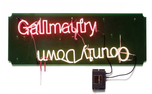 Jason Rhoades, Gallimaufry, County Down: Jason Rhoades Gallimaufry, County Down (From Meccatuna) #214 2003 Neon lights mounted on Plexiglas with wire, string, lace, and transformer Transformer retains Meccatuna label 17.25" x 46.75" Exhibite