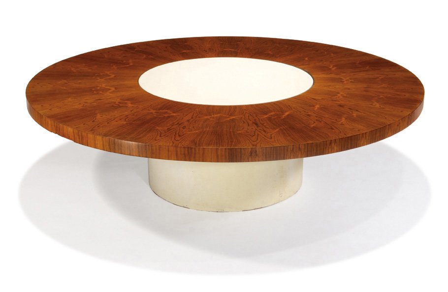 Milo Baughman, Lazy susan table: Milo Baughman Lazy susan table Designed 1970 Rosewood veneer, lacquered wood, formica From the Environment 70 Collection Thayer Coggin 16.5" x 58" diameter Estimate: $2500 - $3500
