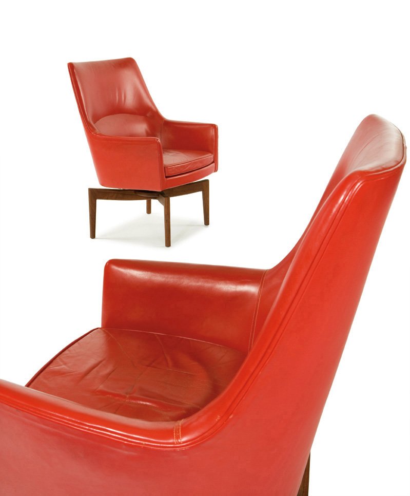 Jens Risom, Highback chairs (2): Jens Risom Highback chairs (2) Designed c. 1960 Red leather, teak Jens Risom Design, Inc. Each: 39" x 28" x 24" Estimate: $5000 - $7000