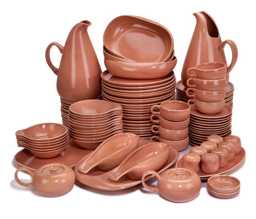 Russel Wright, dinner service (115 total): Russel Wright American Modern dinner service (115 total pieces) Designed 1937 Coral glazed ceramic Steubenville Various dimensions Comprised of 2 sugar bowls with 2 covers, 17 salad plates, 6 bowls wi