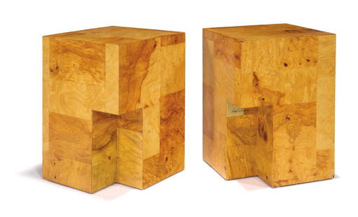 Paul Evans, Cityscape cube tables (2): Paul Evans Cityscape cube tables (2) Executed c. 1975 Burled maple Paul Evans Studio for Directional Each retains "An Original Paul Evans" medallion Each: 18.125" x 12" x 12" Estimate: $2500 -