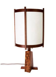 George Nakashima, Table lamp II: George Nakashima Table lamp II Designed 1961 American black walnut, maple, parchment Studio 19.25" x 9.5" diameter Literature: Ostergard, Derek. George Nakashima Full Circle. New York: Amer