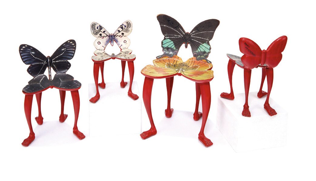 Pedro Friedeberg, Miniature chairs (4): Pedro Friedeberg Miniature chairs (4) Designed c. 1975 Hand-painted and carved wood, paper applique Studio Each signed "Pedro Friedeberg" Largest example: 7.15" x 4.5" x 4.5"; Smallest example: 4.75"