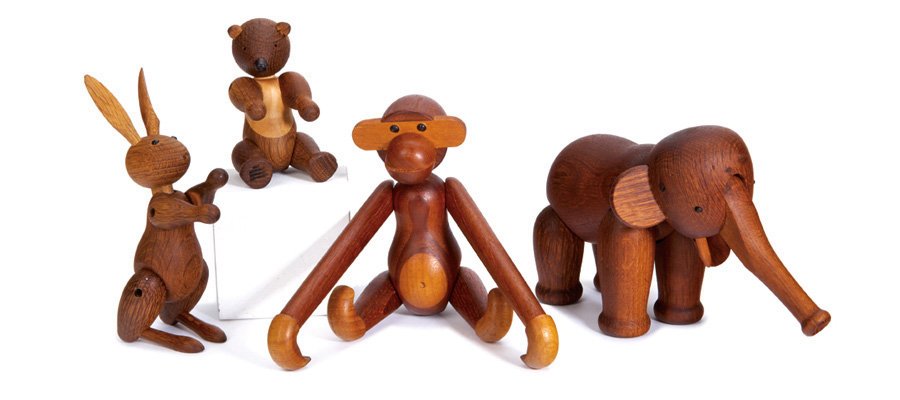 Kay Bojesen, Animal/toys (4): Kay Bojesen Animal/toys (4) Designed c. 1951 Teak, oak, birch Kay Bojesen Each branded "Kay Bojesen Denmark Copyright" Monkey: 7.25" x 7.5"; Bear: 5" x 2.75"; Rabbit: 7.75" x 2.5"; Elephant: 5" x 9.25