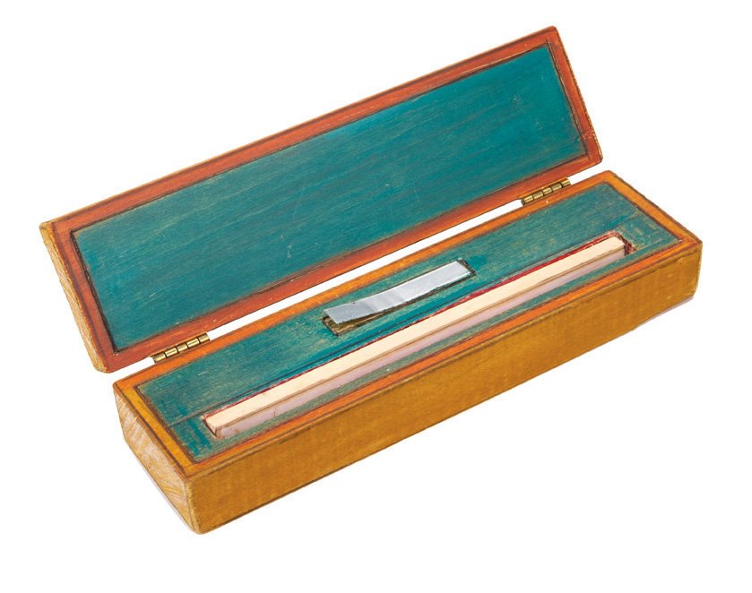 Saul Steinberg, Object: Saul Steinberg Object 1984 Painted wooden box with hinges Signed, dated, and inscribed in pencil "For Billy and Audrey/Love from Saul St./84" 1.625" x 7.625" x 2" LAMA would like to thank the Saul Ste