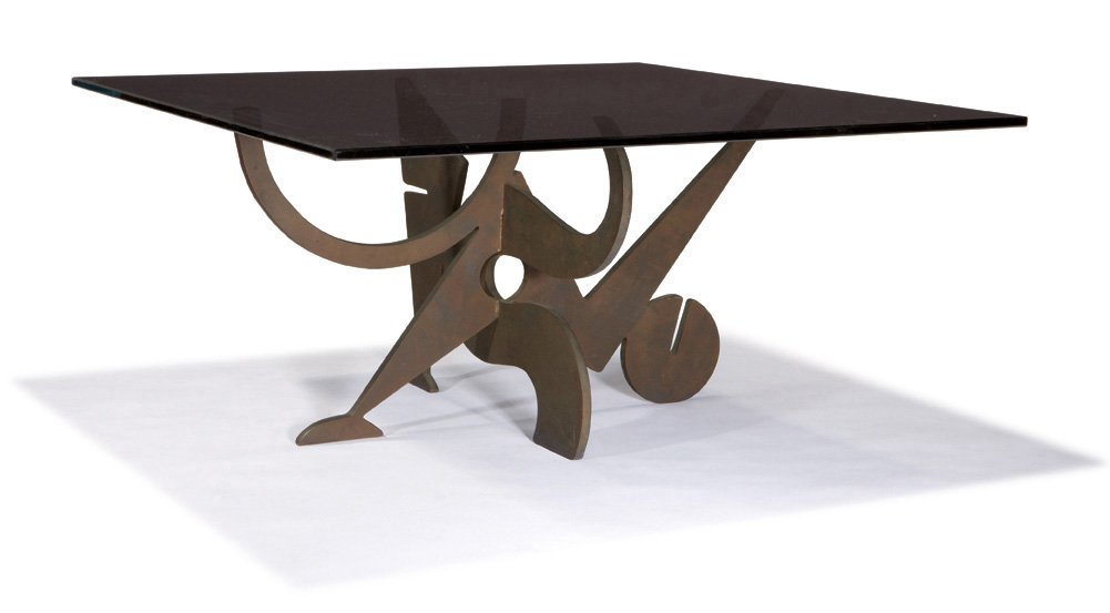 Pucci de Rossi, Coffee table: Pucci de Rossi Coffee table Designed c. 1975 Patinated bronze, glass Studio 17.125" x 36" x 36" Estimate: $2500 - $3500