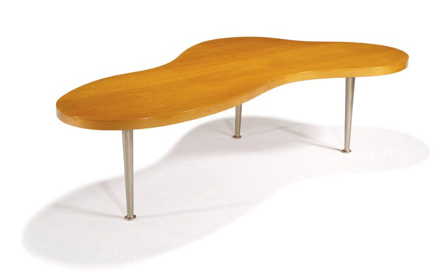 T.H. Robsjohn-Gibbings, Biomorphic coffee table: T.H. Robsjohn-Gibbings Biomorphic coffee table Designed 1954 Maple, aluminum Model no. 1759 Widdicomb Furniture Company Retains Widdicomb label and model number 20" x 70" x 35" Estimate: $