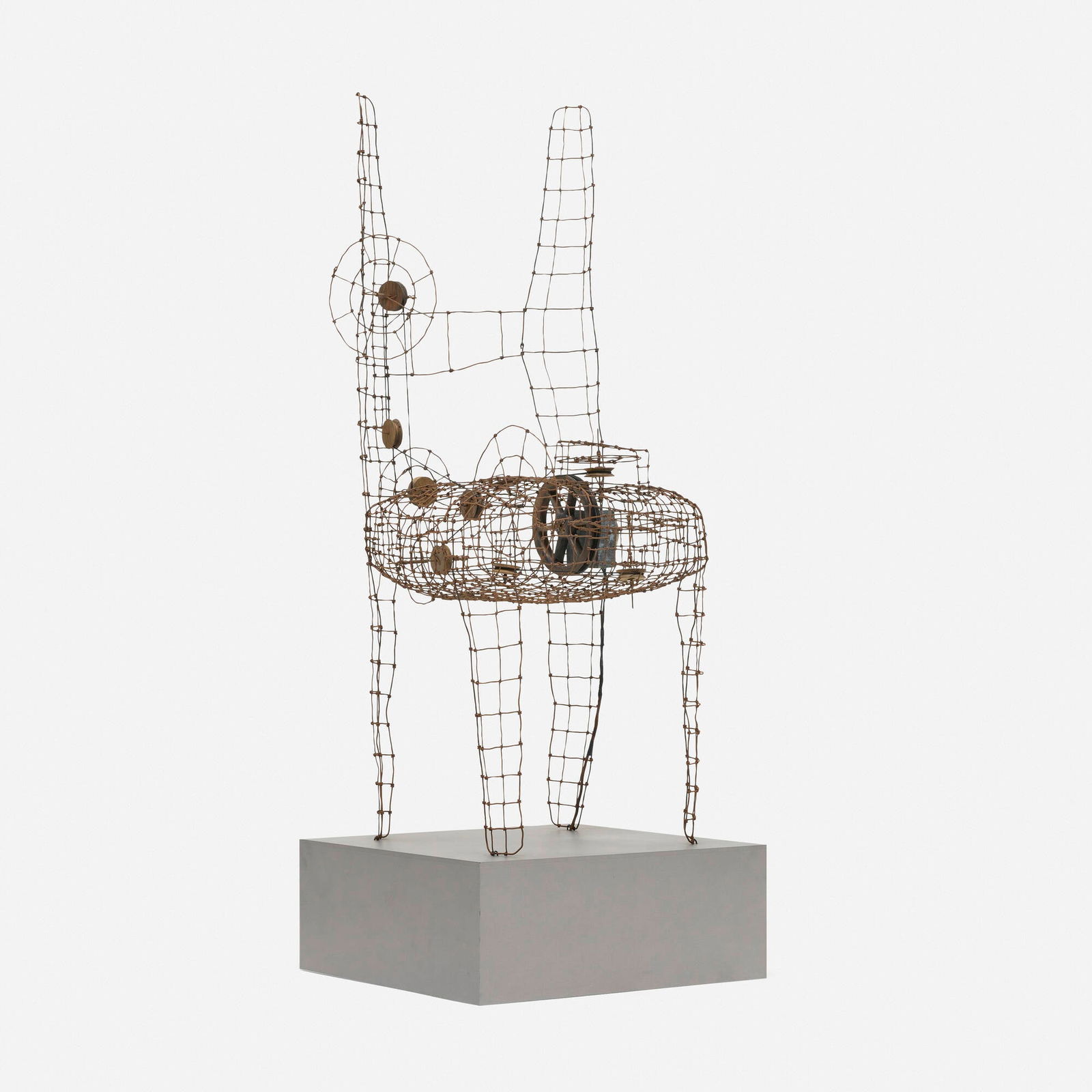 Harry Kramer, Untitled (Chair): Harry Kramer Untitled (Chair) steel wire, wood, motor 47.5 h x 18 w x 18 d in (121 x 46 x 46 cm) Provenance: Collection of Roberta and Fletcher Benton This work will ship from Los Angeles,