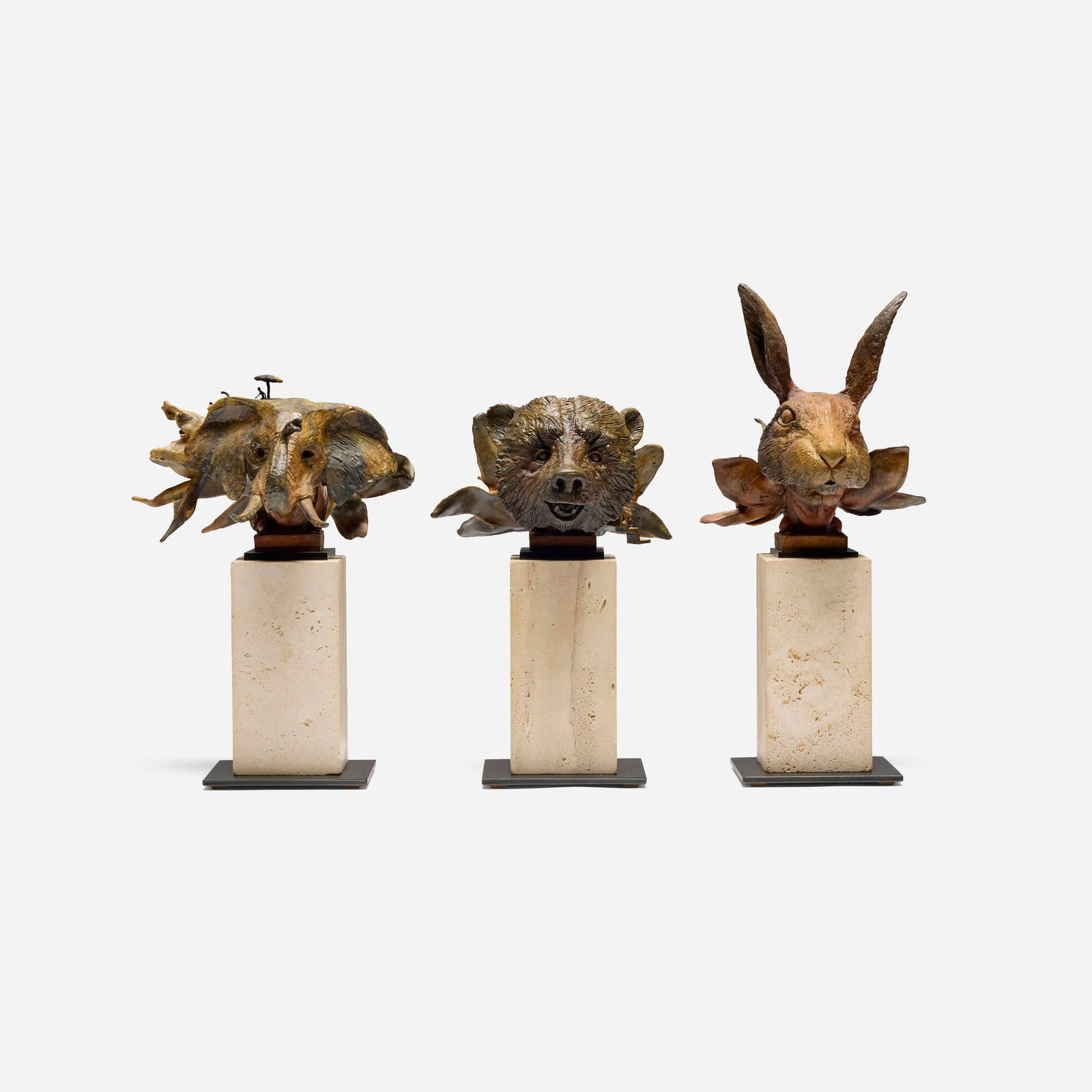 Theodore Gall, Elephant; Bear; Rabbit (three works): Theodore Gall Elephant; Bear; Rabbit (three works) c. 2015 patinated bronze, travertine, powder-coated steel 13.75 h x 6.5 w x 9 d in (35 x 17 x 23 cm) 12 h x 8.25 w x 8.5 d in (30 x 21 x 22 cm)
