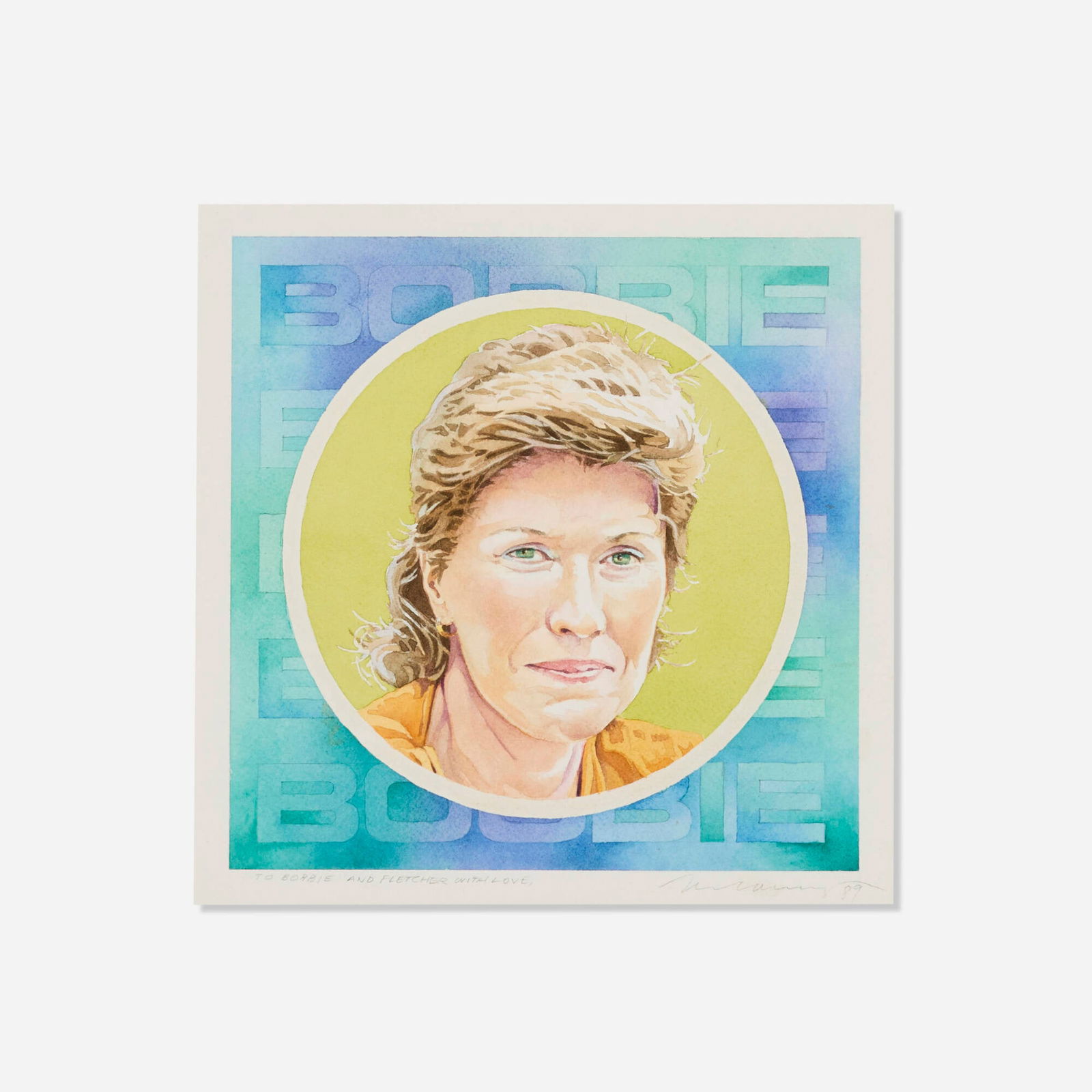 Mel Ramos, Portrait of Bobbie Benton: Mel Ramos Portrait of Bobbie Benton 1989 watercolor on paper 10.25 h x 10.25 w in (26 x 26 cm) Signed, dated and inscribed to lower edge 'To Bobbie and Fletcher with love Mel Ramos 89'. 