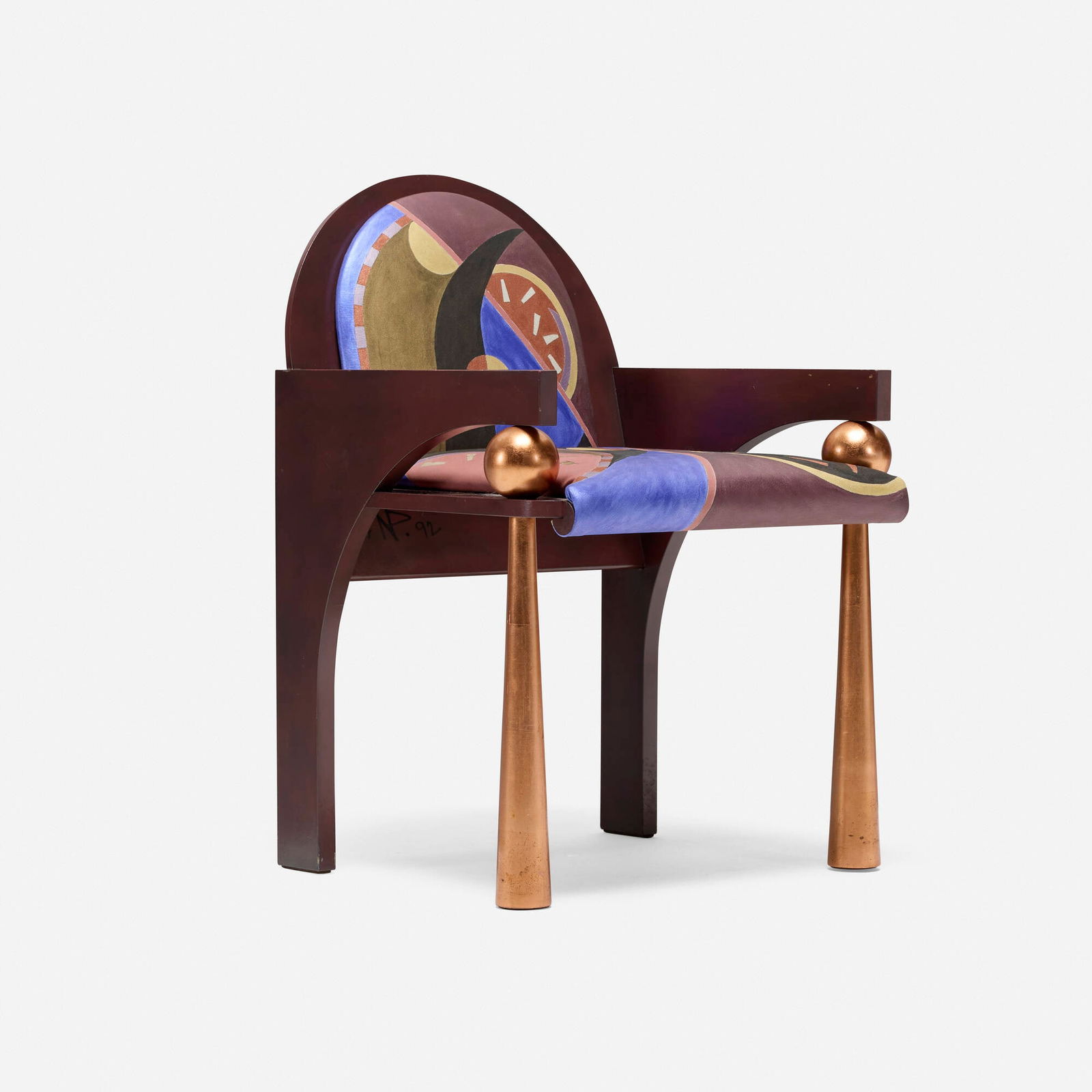 Norman Petersen, Chair: Norman Petersen Chair c. 1980 lacquered wood, painted upholstery 33.5 h x 23 w x 21.75 d in (85 x 58 x 55 cm) Provenance: Collection of Roberta and Fletcher Benton This work will ship from Los