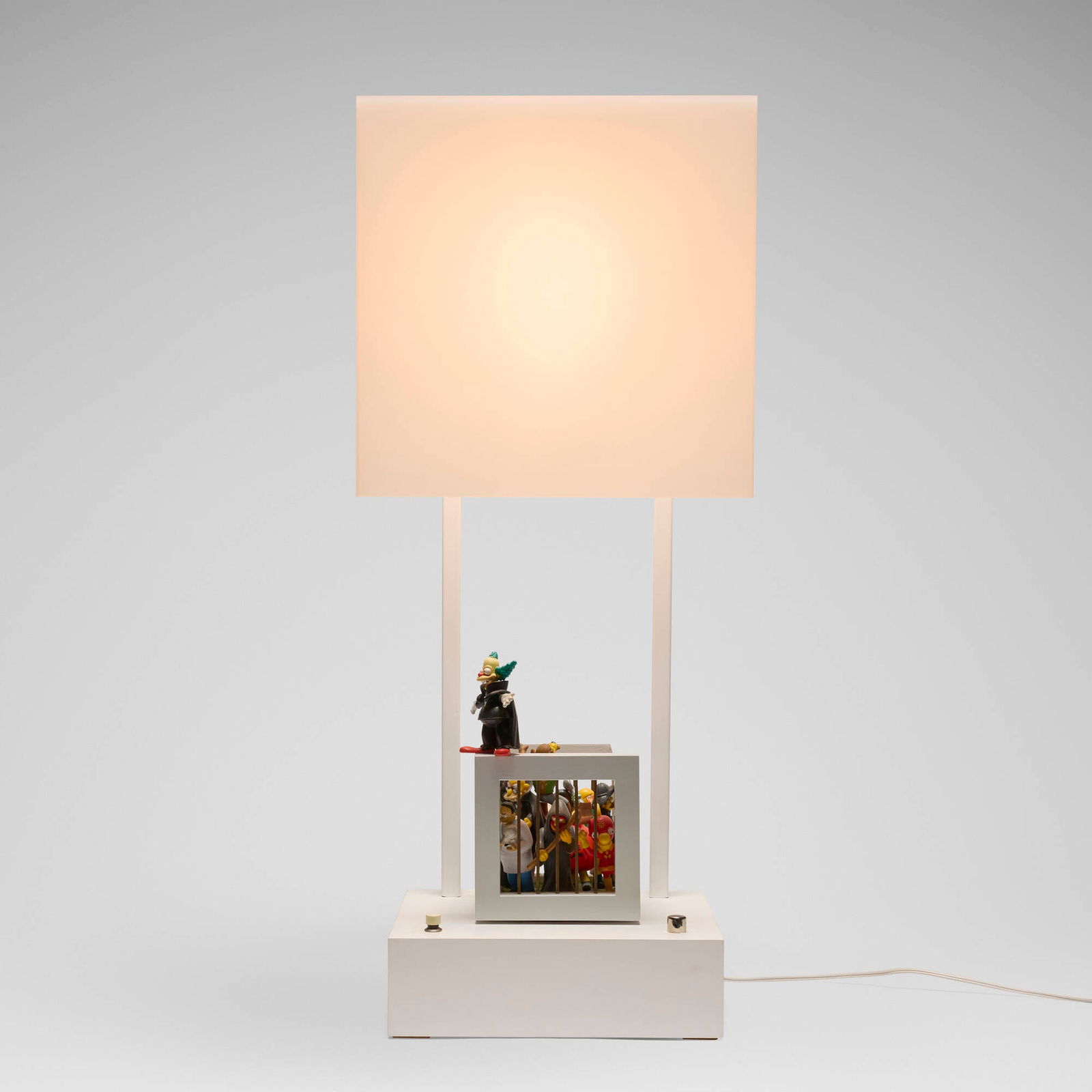 Garry Knox Bennett, Krusty kinetic lamp: Garry Knox Bennett Krusty kinetic lamp 2012Lucite, powder-coated steel, painted wood, plastic figurines 33.5 h x 14 w x 14 d in (85 x 36 x 36 cm) Signed, titled, dated and inscribed to undersi