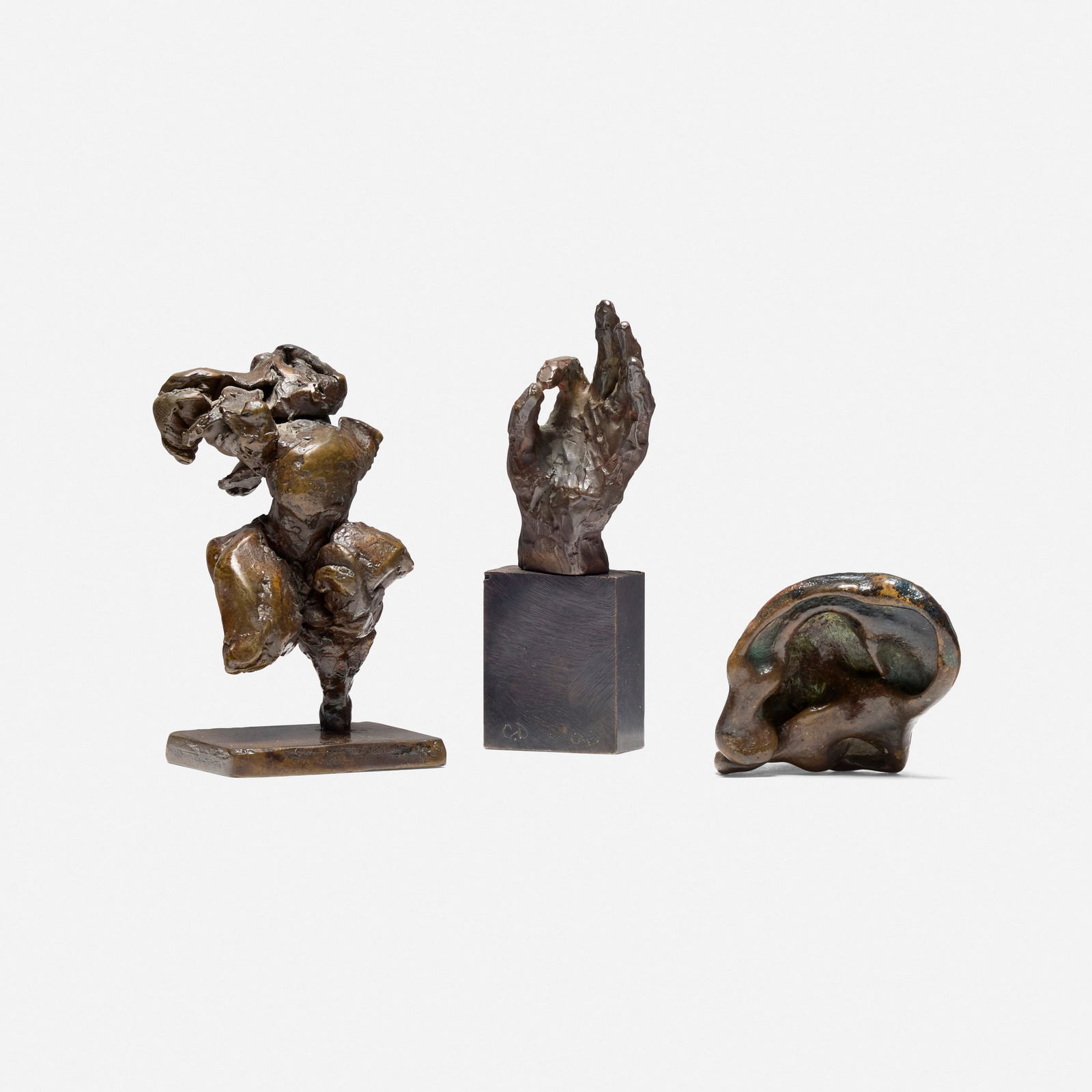 Carl Dern, Untitled (Study) (three works): Carl Dern Untitled (Study) (three works) bronze 4 h x 1.375 w x 0.75 d in (10 x 3 x 2 cm) 3.5 h x 2 w x 1.5 d in (9 x 5 x 4 cm) 1.75 h x 2.25 w x 2 d in (4 x 6 x 5 cm) Incised signature to lower