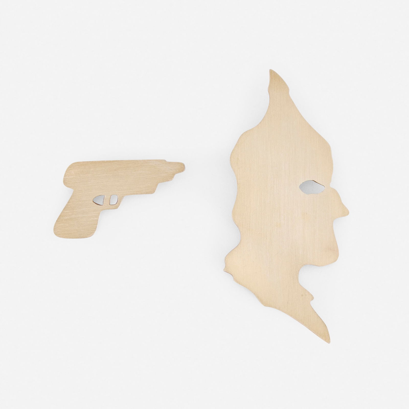 William T. Wiley, Who Is Not A Hostage? Scatter Pins: William T. Wiley Who Is Not A Hostage? Scatter Pins c. 1985sterling silver in two parts 3.25 h x 1.25 w in (8 x 3 cm) 1.5 h x 1 w in (4 x 3 cm) Incised signature and number to reverse of ea