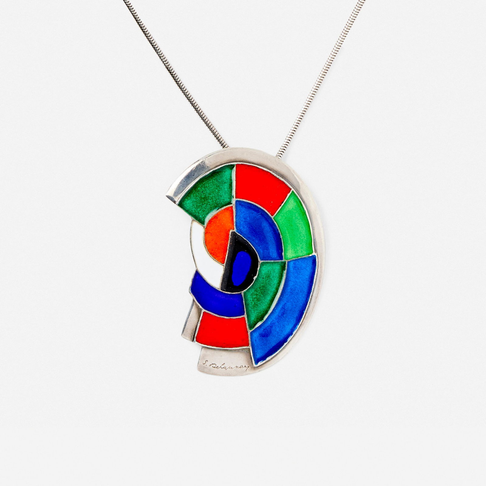 Sonia Delaunay, Abstraction pendant brooch with chain: Sonia Delaunay Abstraction pendant brooch with chain 1985 enameled silver pendant: 3.825 h x 2 w in (10 x 5 cm) chain: 24 l in (61 cm) Incised signature to lower edge 'S. Delaunay'. Impressed