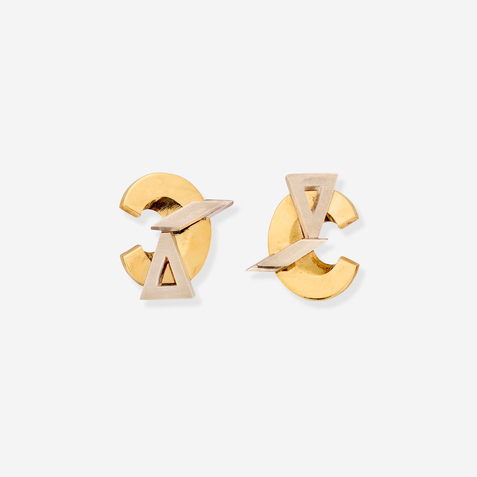 John Okulick, Earrings: John Okulick Earrings 1987 18k yellow gold vermeil sterling silver each: 1.5 h x 1.25 w x 0.25 d in (4 x 3 x 1 cm) Signed, dated and numbered to reverse of each example 'J.Okulick 87 13/350 AEL