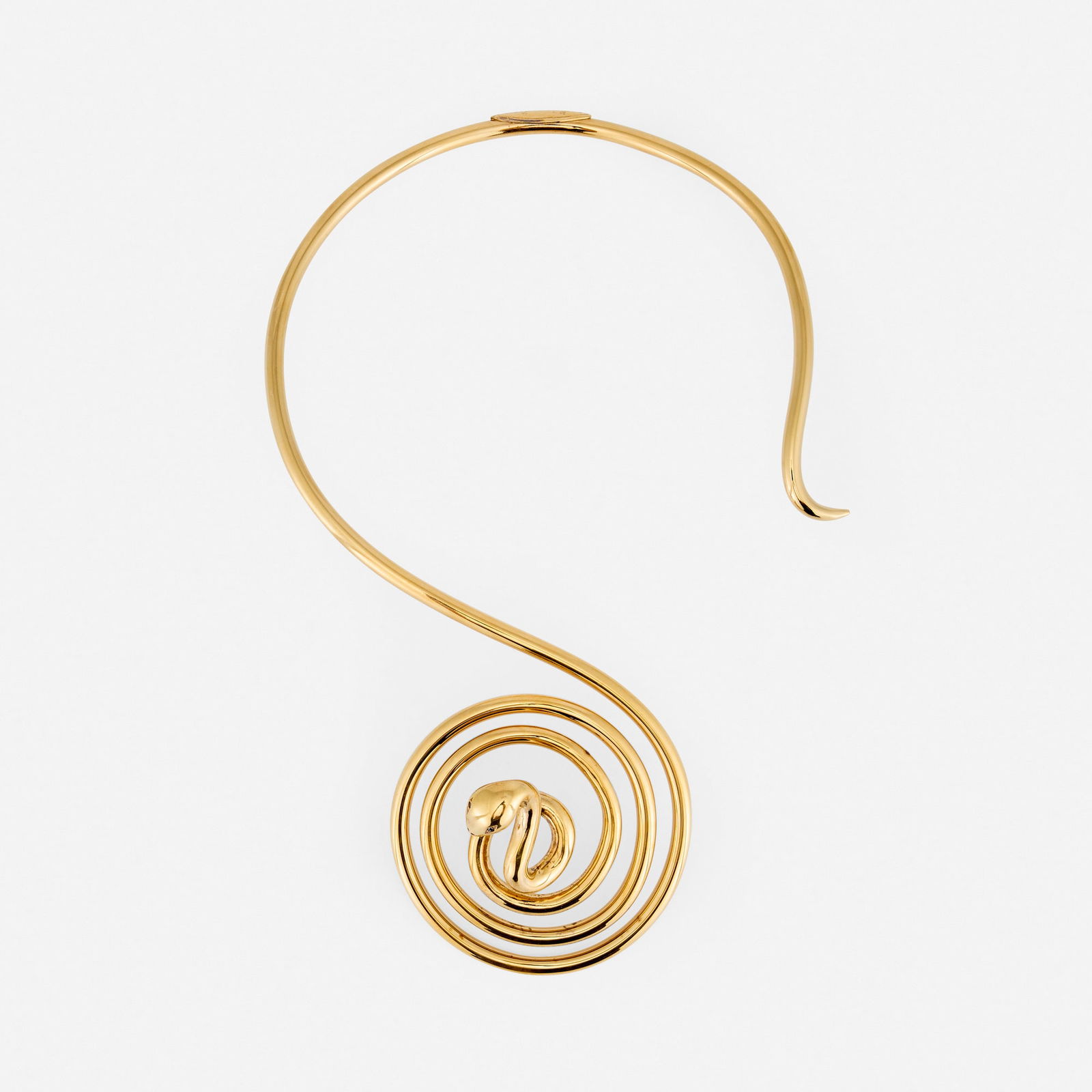 Red Grooms and Lysiane Luong, Tut's Fever Snake necklace: Red Grooms and Lysiane Luong Tut's Fever Snake necklace 1987 gold vermeil, sapphire 9 h x 6 w x 1.75 d in (23 x 15 x 4 cm) Incised signature, date and number to edge 'Lysiane Luong Red Grooms ? 87