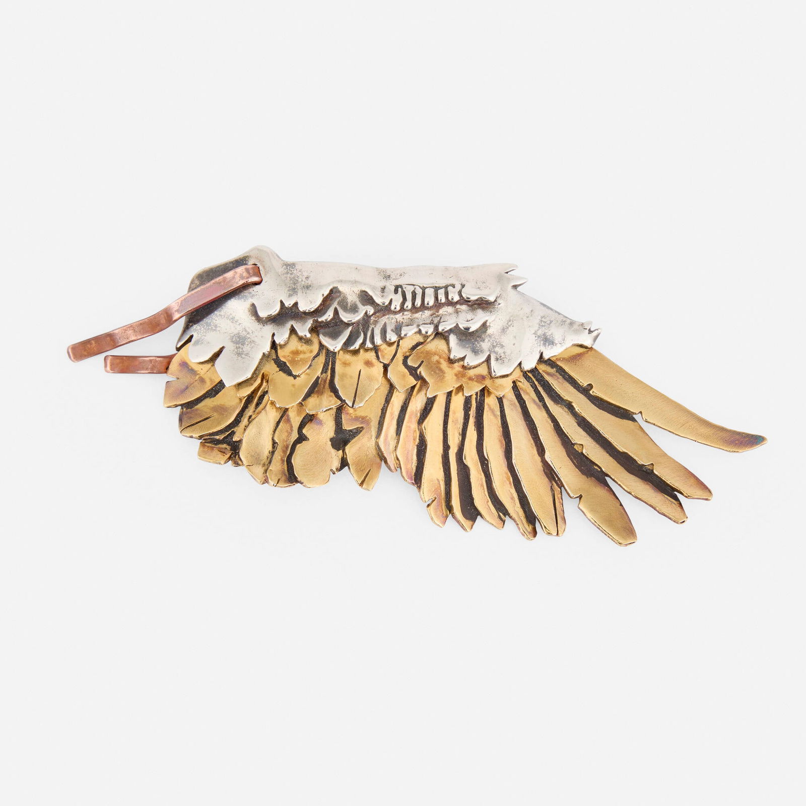 Jim Morphesis, Wing of Icarus Brooch: Jim Morphesis Wing of Icarus Brooch c. 1980 18k yellow gold vermeil sterling sliver, sterling silver, copper 2 h x 5 w x 0.25 d in (5 x 13 x 1 cm) Signed and numbered to reverse 'Morphesis AJL ?