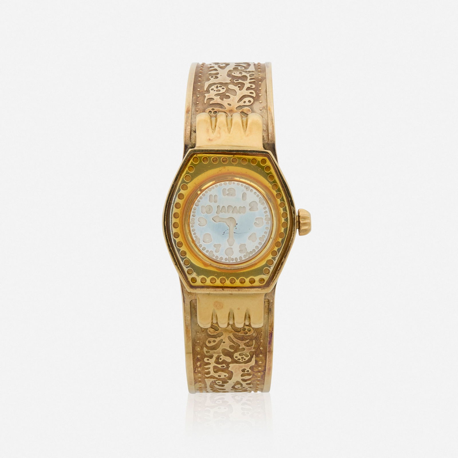 Alexis Smith, Watch bracelet: Alexis Smith Watch bracelet 198618k yellow gold vermeil sterling silver, resin 0.875 h x 2 w x 2.25 d in (2 x 5 x 6 cm) Incised signature, date, number and inscription to edge 'Alexis Smith ?8