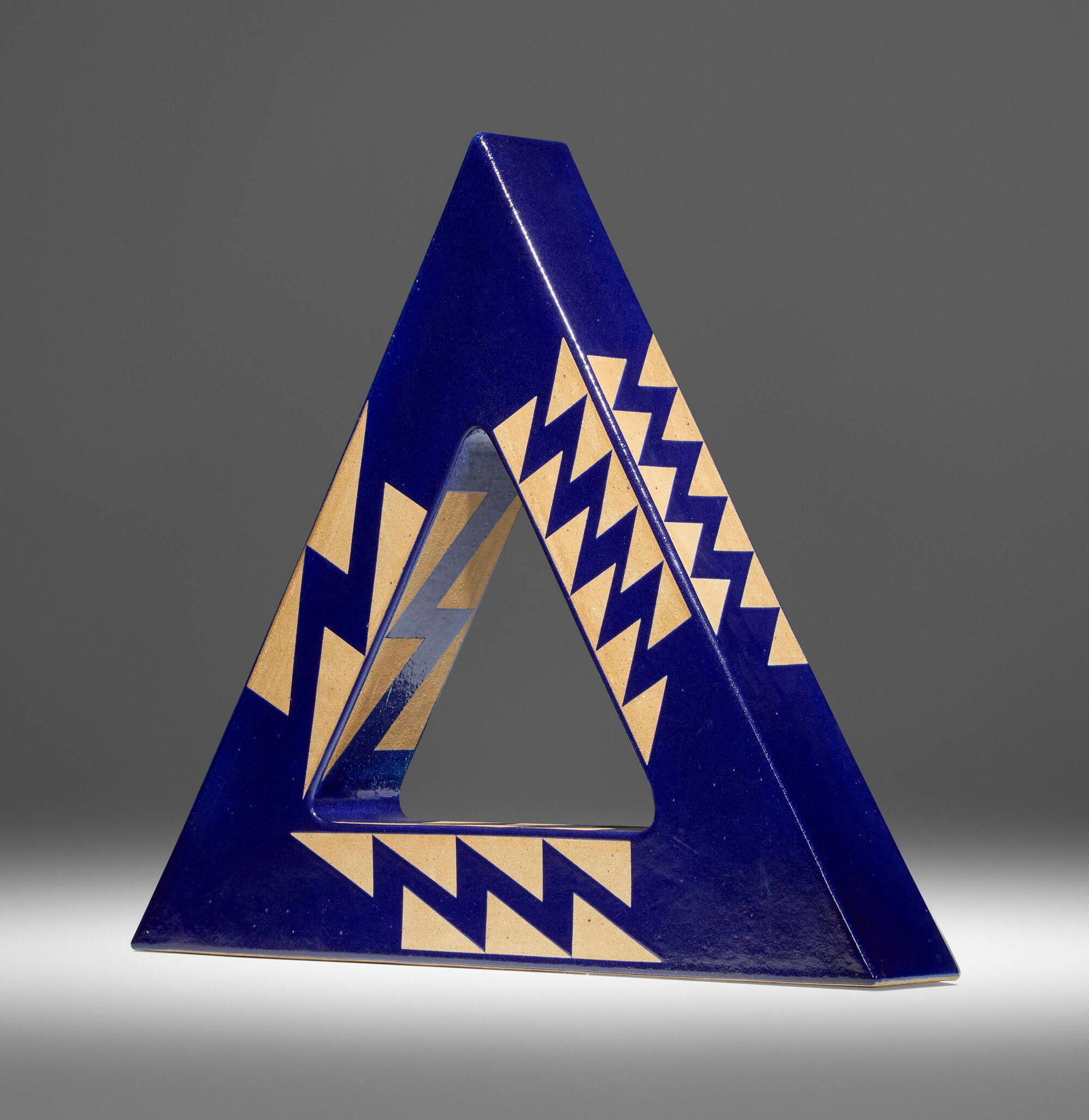 John Mason, Triangle Blue Lightning: John Mason Triangle Blue Lightning 1984 glazed stoneware 31.25 h x 36.25 w x 5.25 d in (79 x 92 x 13 cm) Incised signature, date and inscription to lower edge 'Mason 11-84 ? M-67A 5+AB 54-DE'. 