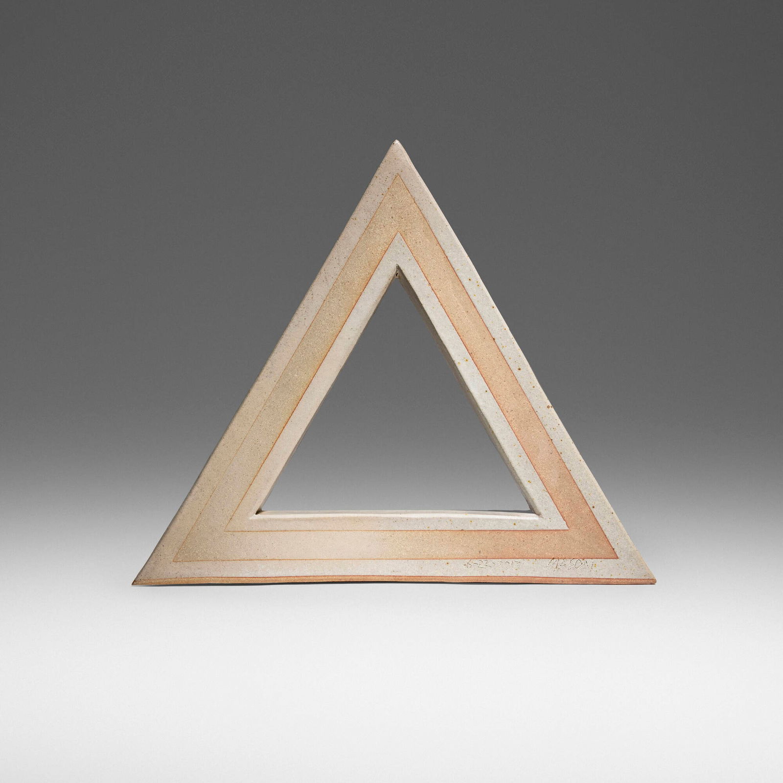 John Mason, Open Triangular Form: John Mason Open Triangular Form 2013 glazed stoneware 14 h x 16 w x 2 d in (36 x 41 x 5 cm) Incised signature and date to lower edge '6-22-2013 Mason'. Provenance: Collection of the artist |