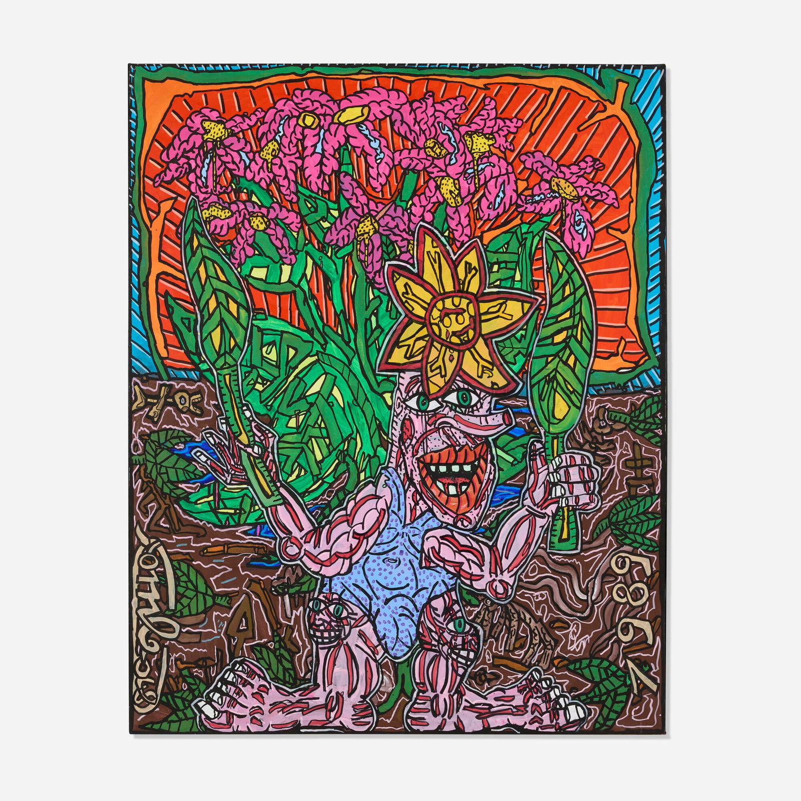 Robert Combas, Phillibert se prend pour une plante a fleurs...: Robert Combas Phillibert se prend pour une plante a fleurs... 1989 oil on canvas 63.75 h x 51.25 w in (162 x 130 cm) Signed and dated to lower edge 'Combas 1989'. Sold with certificate of