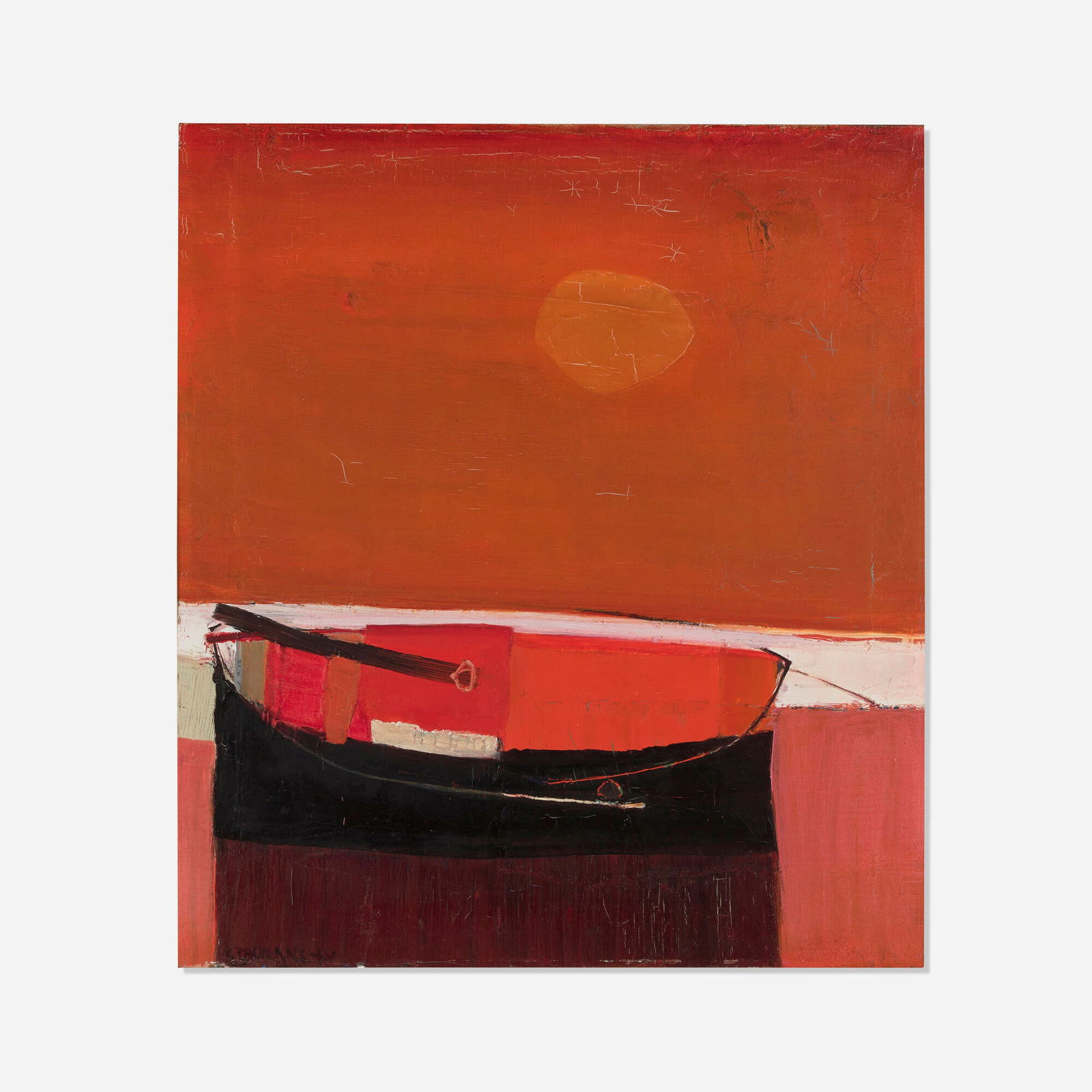 Raimonds Staprans, The Red Boat: Raimonds Staprans The Red Boat oil on canvas 25 h x 22.125 w in (63 x 56 cm) Signed to lower left 'Staprans'. Provenance: Maxwell Galleries, San Francisco | Private Collection This work will