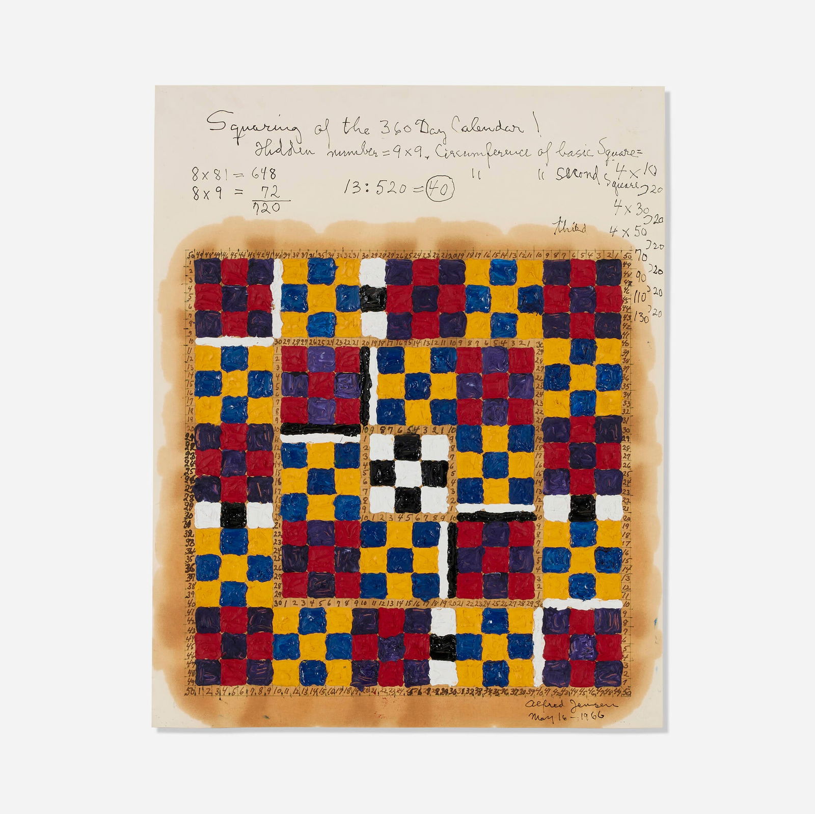 Alfred Jensen, Das Bild der Sonne: Alfred Jensen Das Bild der Sonne 1966oil and ink on paper 29 h x 23 w in (74 x 58 cm) Signed and dated to lower right 'Alfred Jensen May 16, 1966'. Provenance: Rolf Nel