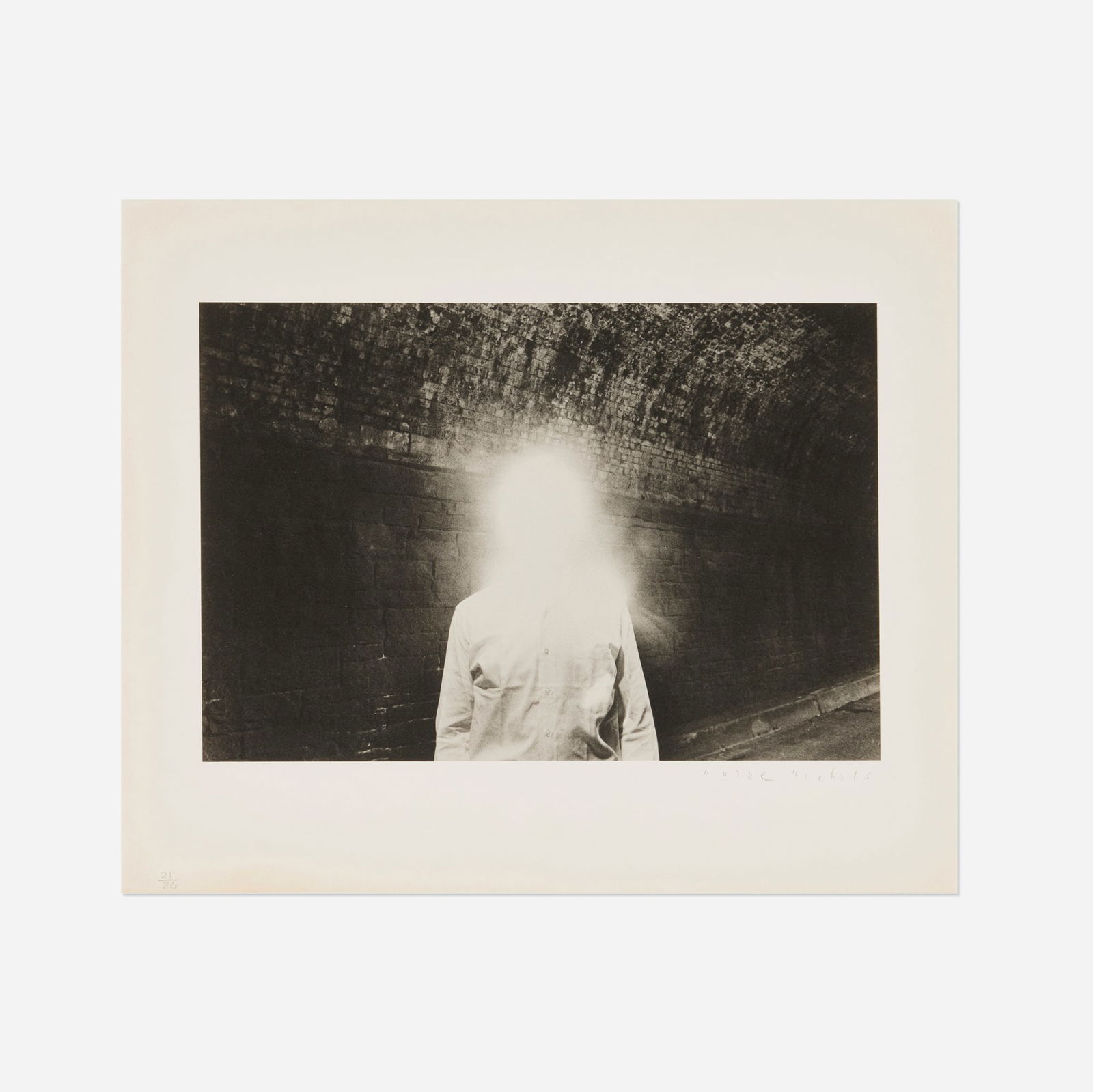 Duane Michals, The Illuminated Man (Joseph Cornell): Duane Michals The Illuminated Man (Joseph Cornell) 1968 / printed later platinum print image: 8.75 h x 12.75 w in (22 x 32 cm) sheet: 13.25 h x 16 w in (34 x 41 cm) Signed and numbered to lower