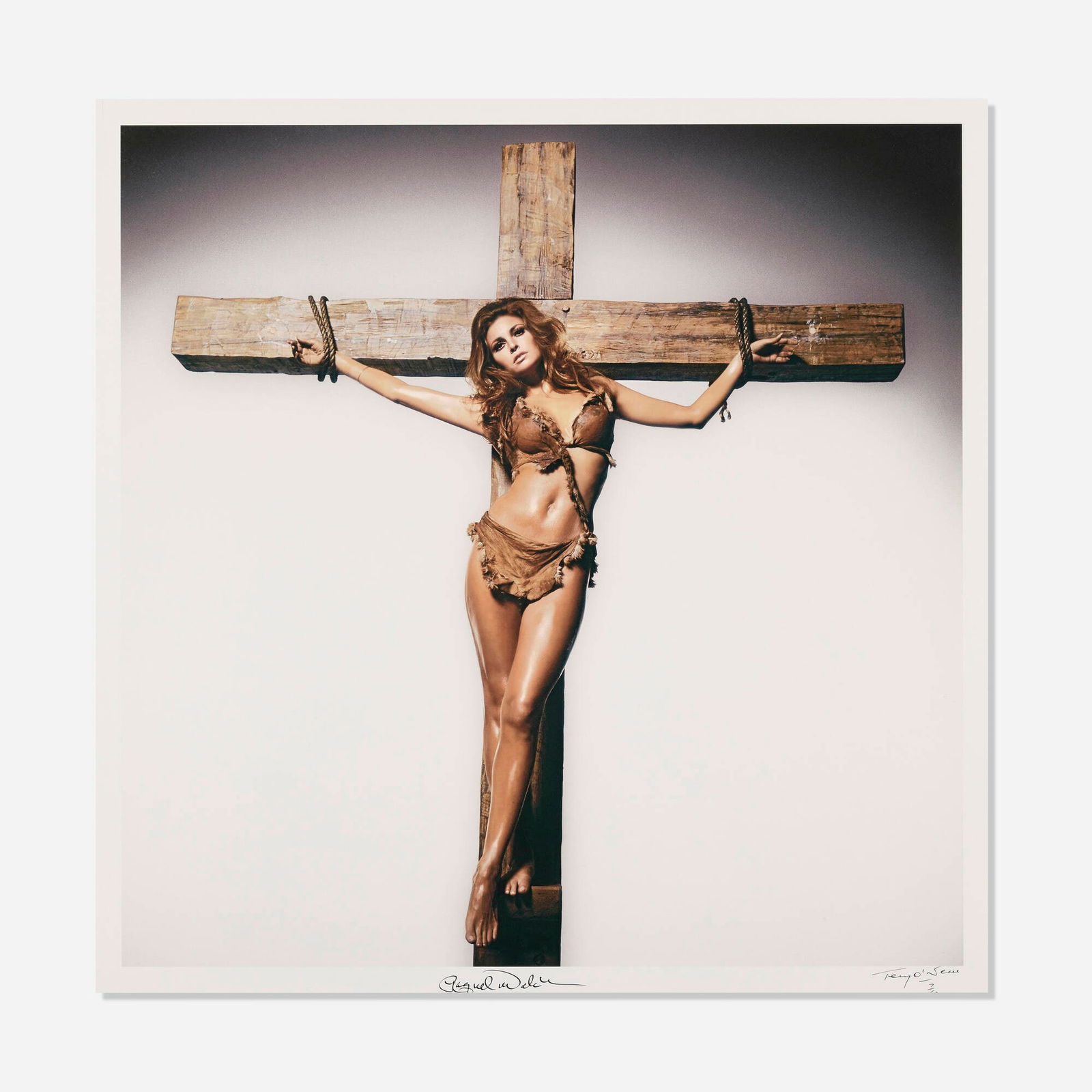 Terry O'Neill, Raquel Welch on the Cross: Terry O'Neill Raquel Welch on the Cross 1966 / printed laterC-print image: 37 h x 37 w in (94 x 94 cm) sheet: 40 h x 40 w in (102 x 102 cm) This work is signed by both the artist and the mo