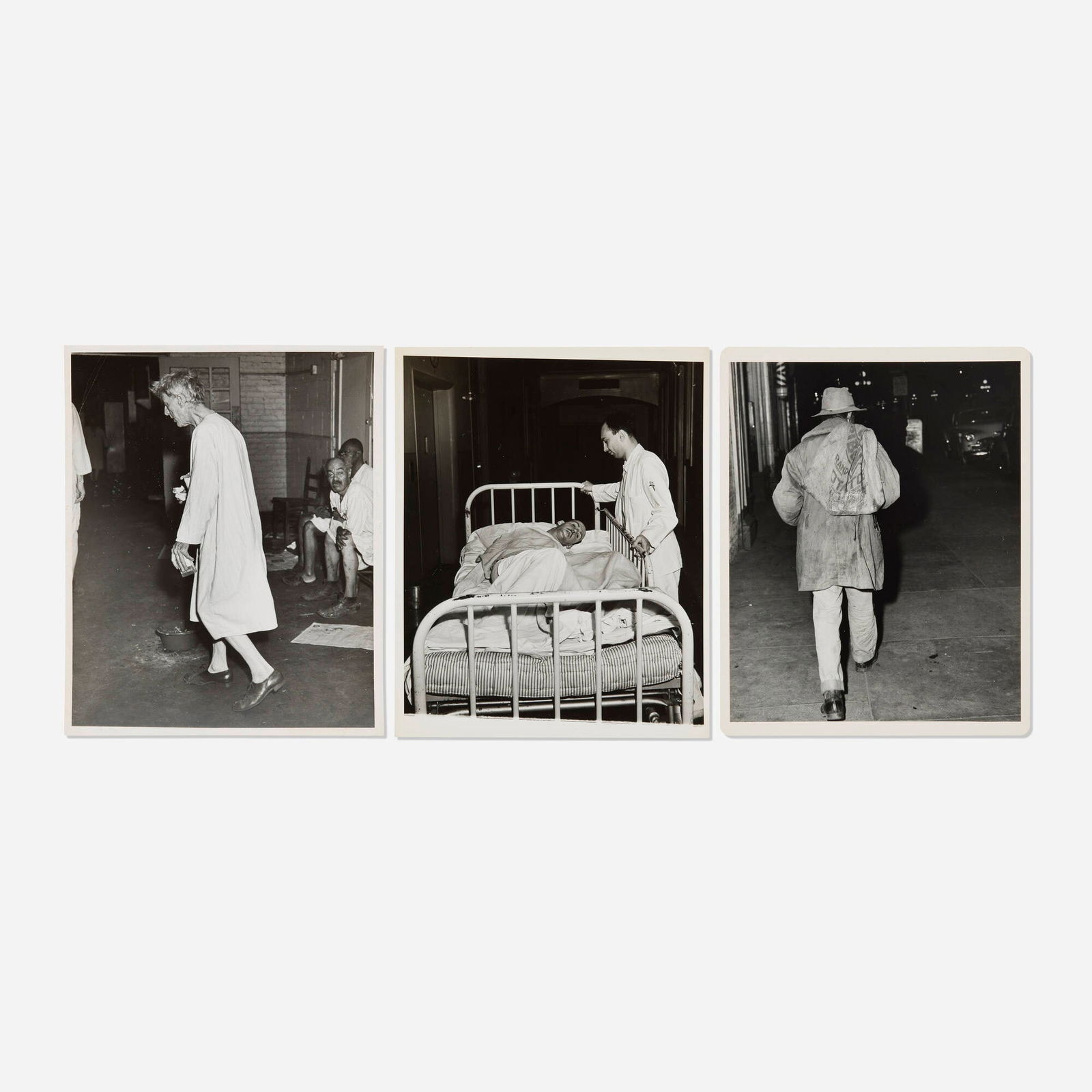 Weegee, Bowery Drunk Tank; Untitled; Man Carrying Burlap Bag on His Back, New York (three works): Weegee Bowery Drunk Tank; Untitled (Patient in Mental Ward); Man Carrying Burlap Bag on His Back, New York (three works) c. 1940-50 vintage gelatin silver print each: 10 h x 8 w in (25 x 20 cm) 