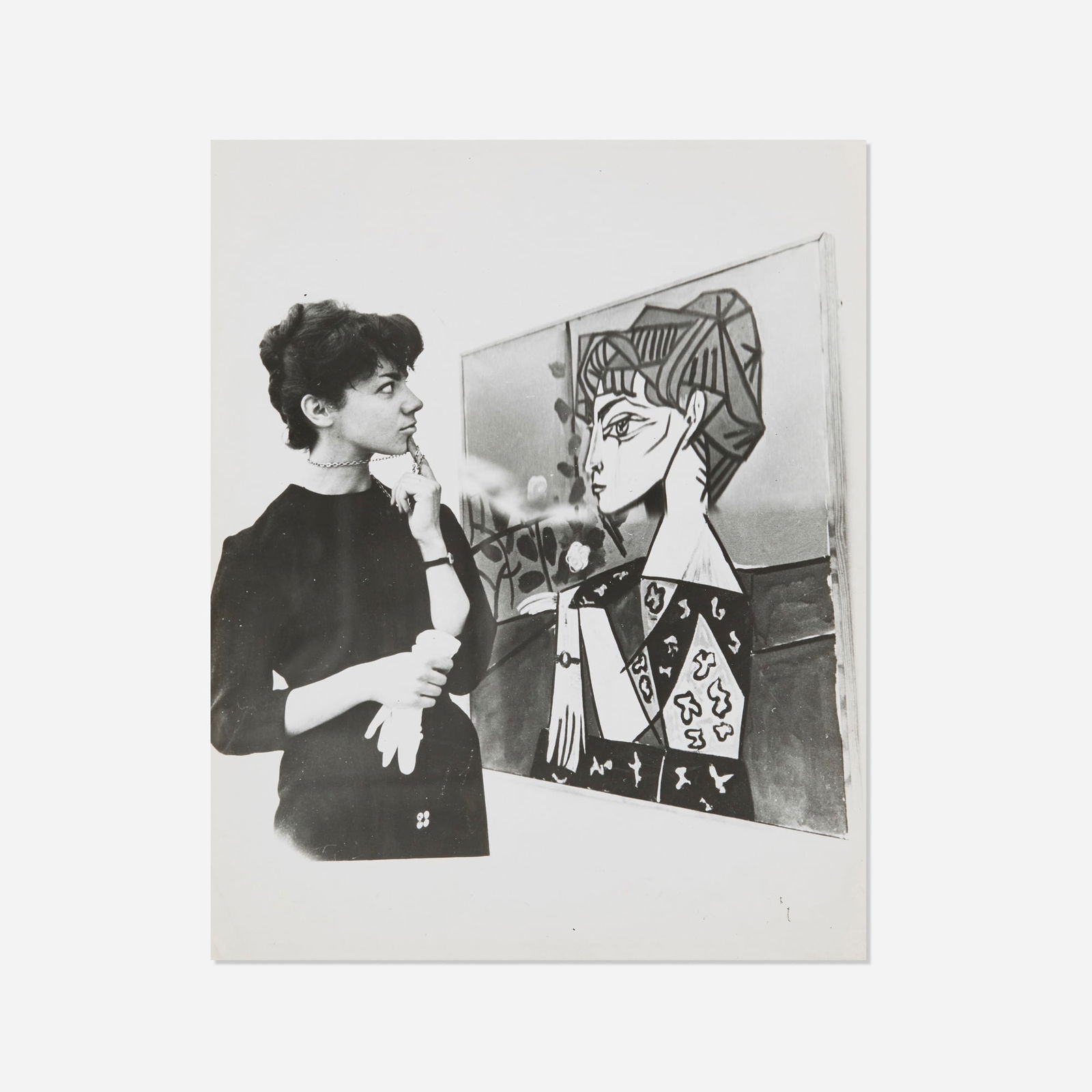 Weegee, Woman Viewing Picasso Painting at the Tate: Weegee Woman Viewing Picasso Painting at the Tate 1960 vintage gelatin silver print image: 7.5 h x 7.5 w in (19 x 19 cm) sheet: 9.5 h x 7.5 w in (24 x 19 cm) Stamped to verso 'G104 London Express