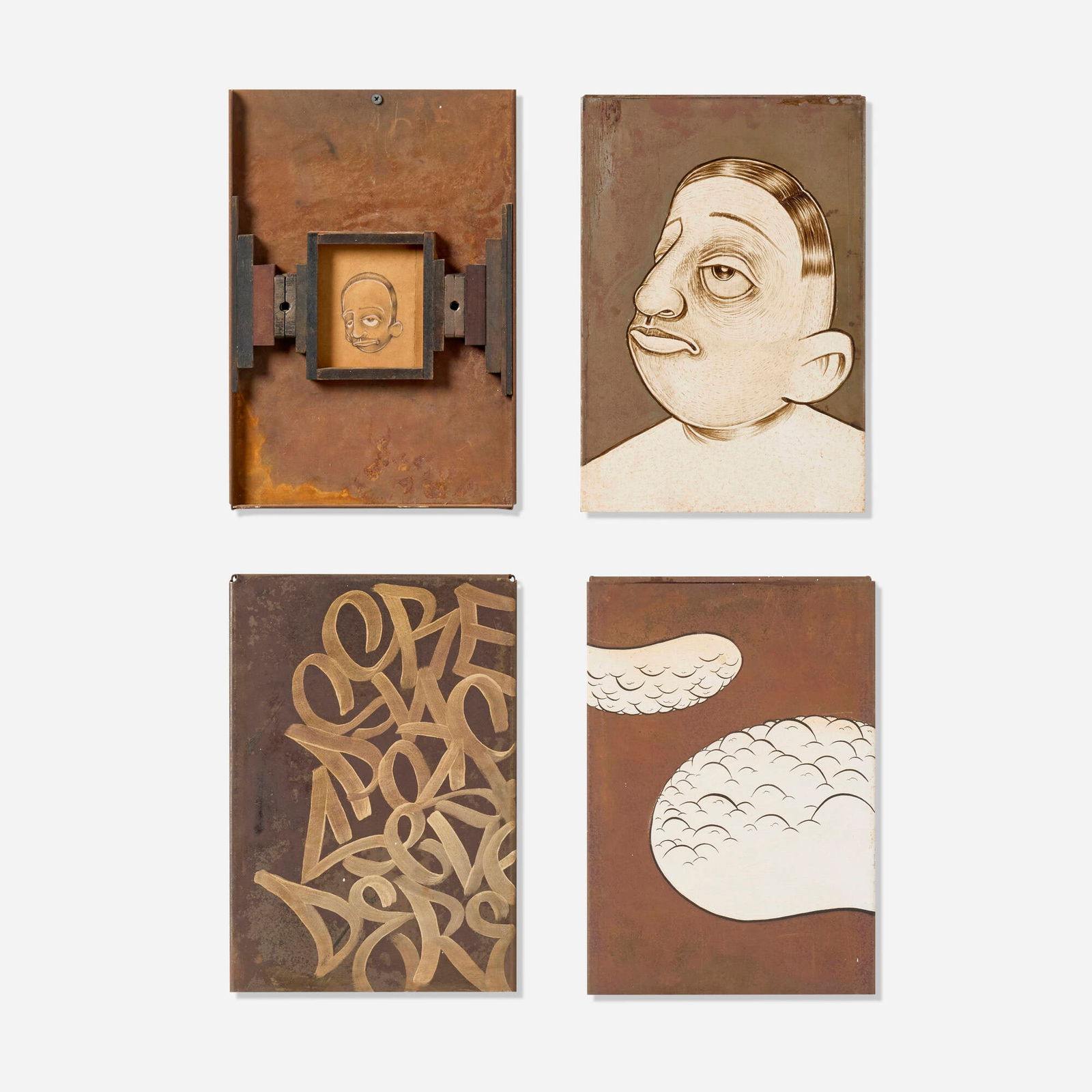 Barry McGee, Untitled: Barry McGee Untitled 1995-96 acrylic, ink, graphite on paper, and wood on metal printer plates overall: 26.25 h x 18 w x 1 d in (67 x 46 x 3 cm) Provenance: In Creative Unity Art, Venice, CA |