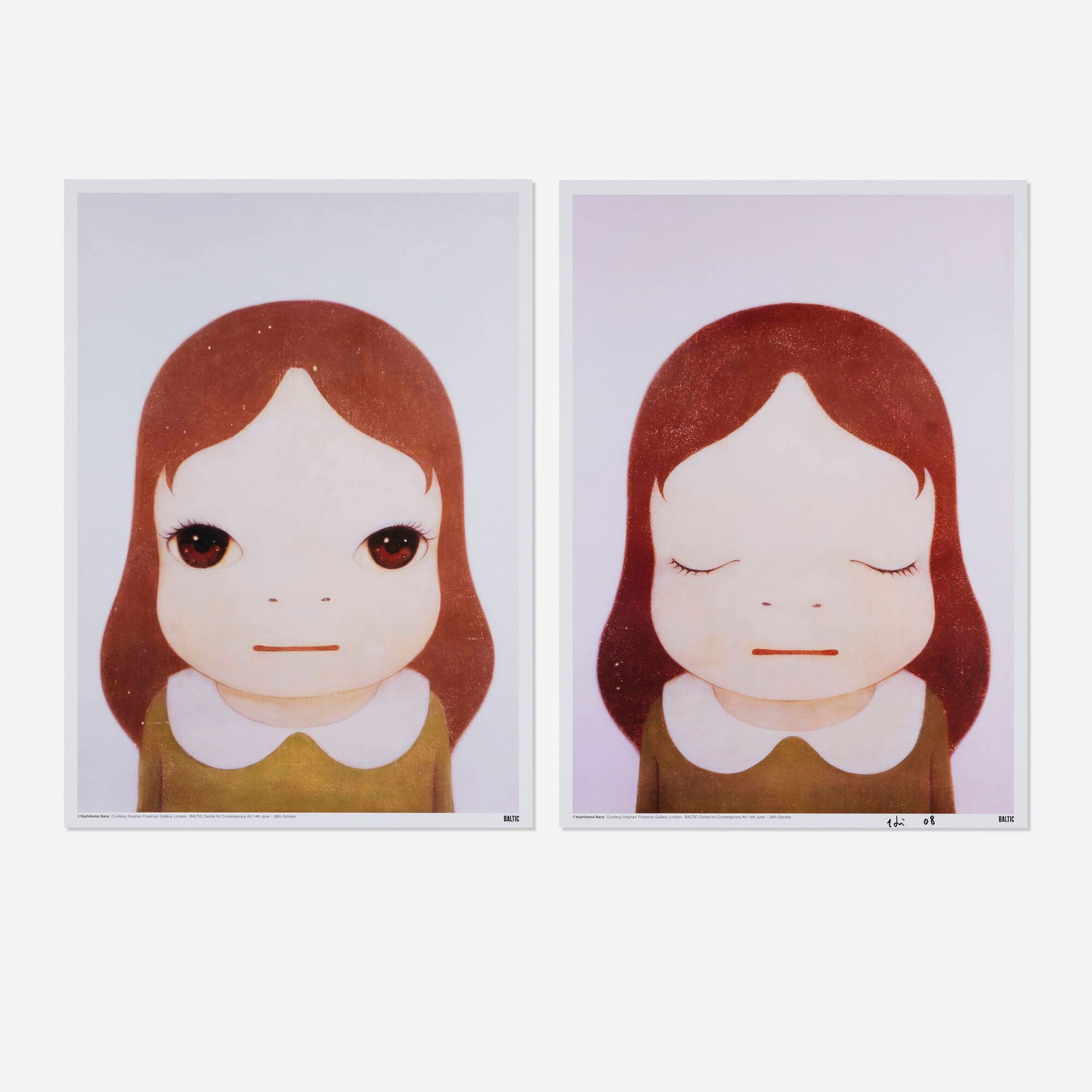 Yoshitomo Nara, Cosmic Girls: Eyes Opened; Eyes Closed (two works): Yoshitomo Nara Cosmic Girls: Eyes Opened; Eyes Closed (two works) 2008 offset lithograph in colors image (each): 27 h x 19.25 w in (69 x 49 cm) sheet: 28.25 h x 20.5 w in (72 x 52 cm) Signed and