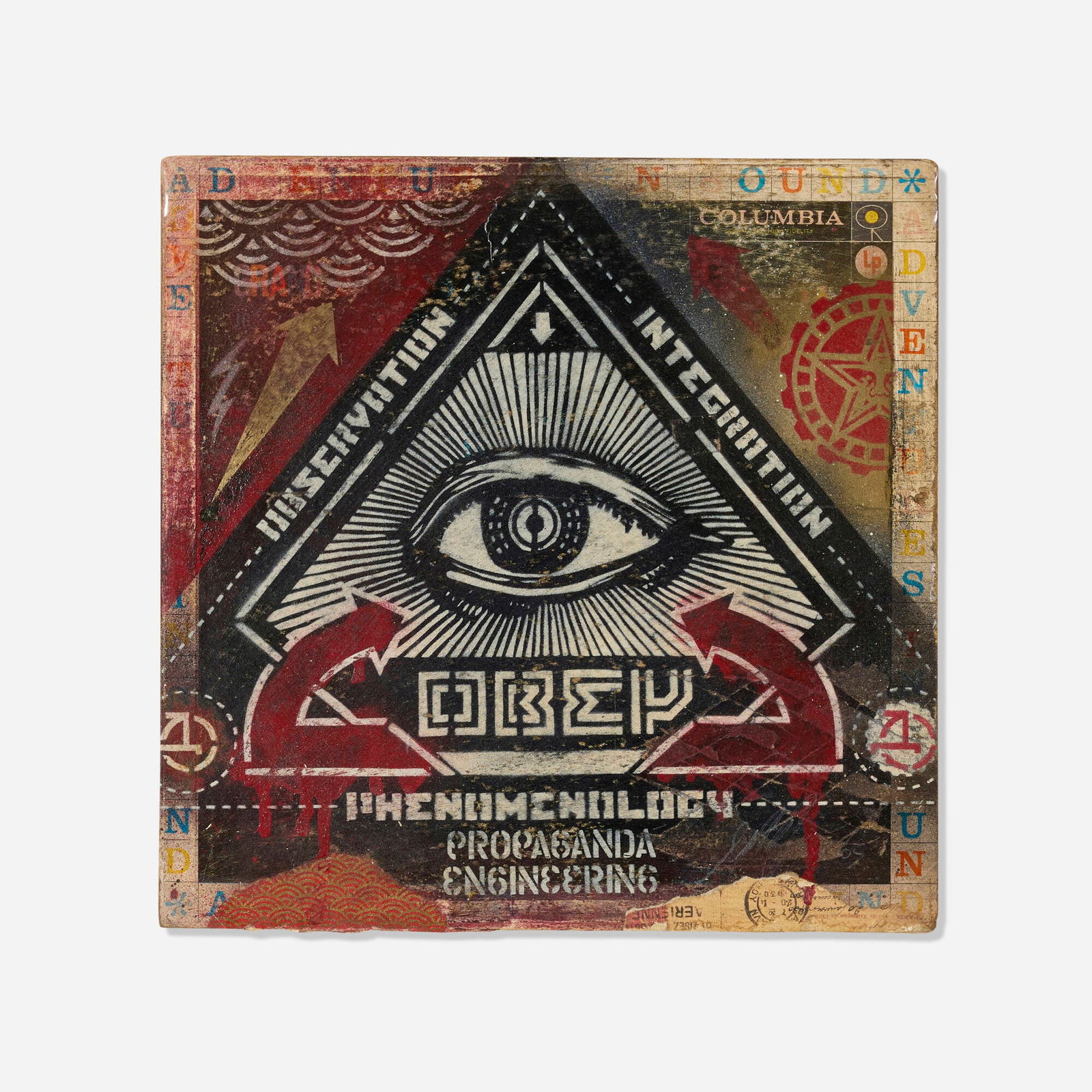 Shepard Fairey, Obey All Seeing Eye: Shepard Fairey Obey All Seeing Eye 2005 stencil impression and mixed media collage on album cover 12.25 h x 12.25 w in (31 x 31 cm) Signed and dated to lower right 'Shepard Fairey 05'. Sold with a