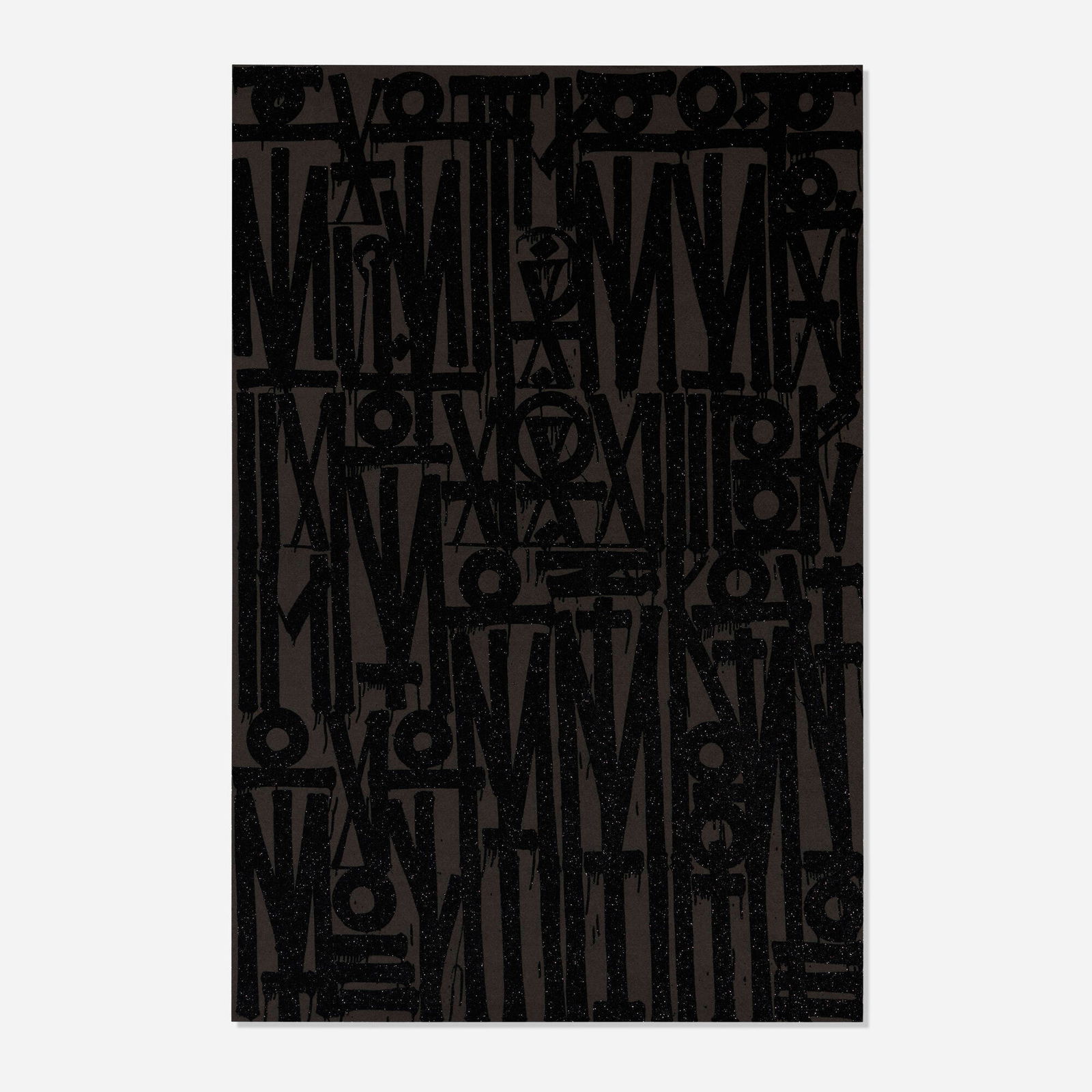 RETNA (Marquis Lewis), Even the Heart Skips a Beat (Black on Black): RETNA (Marquis Lewis) Even the Heart Skips a Beat (Black on Black) 2024 screenprint in colors with black glitter on Somerset Rad white velvet 43.375 h x 28.5 w in (110 x 72 cm) Signed to verso