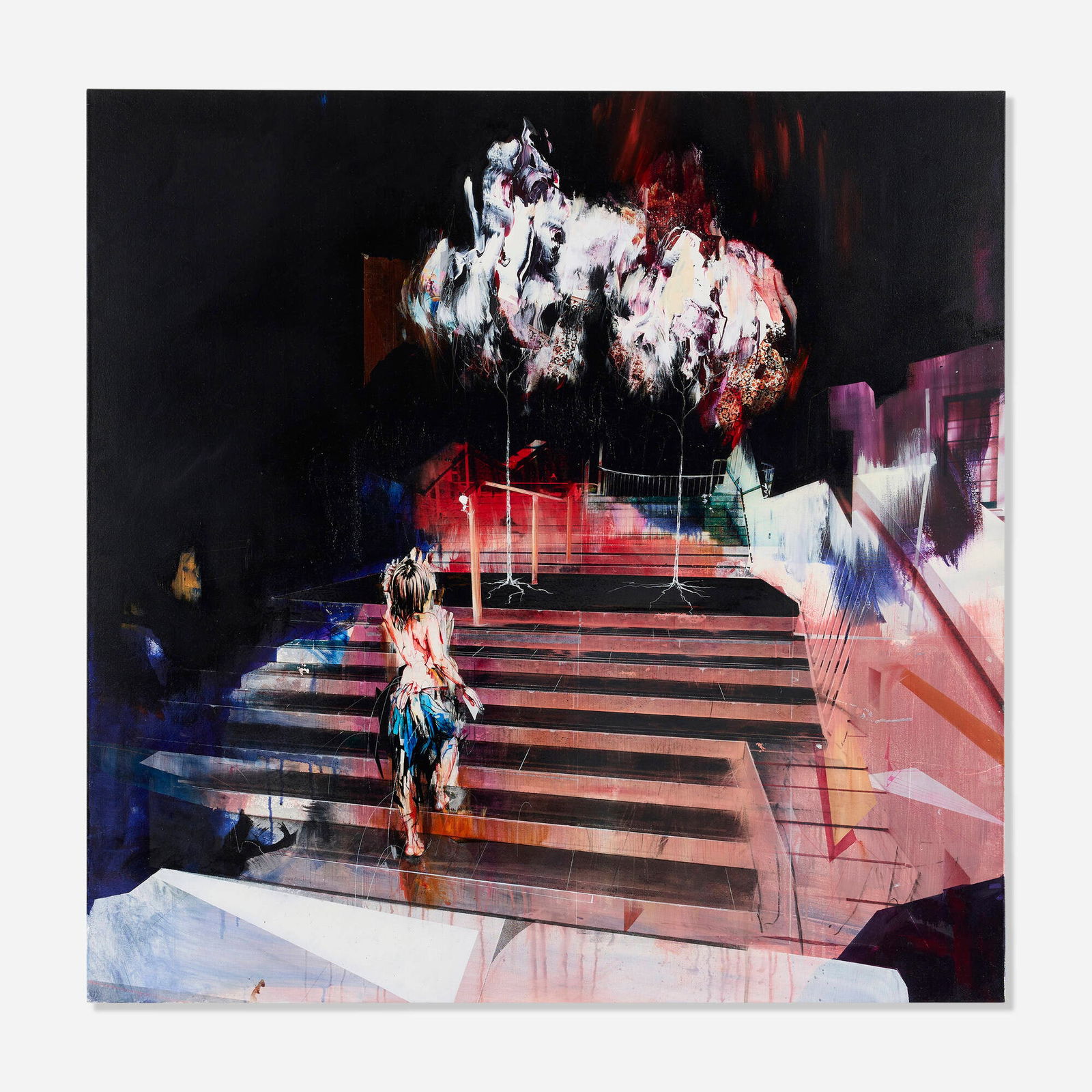 Ian Francis, A Girl Tries To Go Home But Her Way Is Blocked By Two Trees: Ian Francis A Girl Tries To Go Home But Her Way Is Blocked By Two Trees 2009 oil, spraypaint, ink and photo transfer on canvas 47.5 h x 48 w in (121 x 122 cm) Signed and dated to verso 'Ian