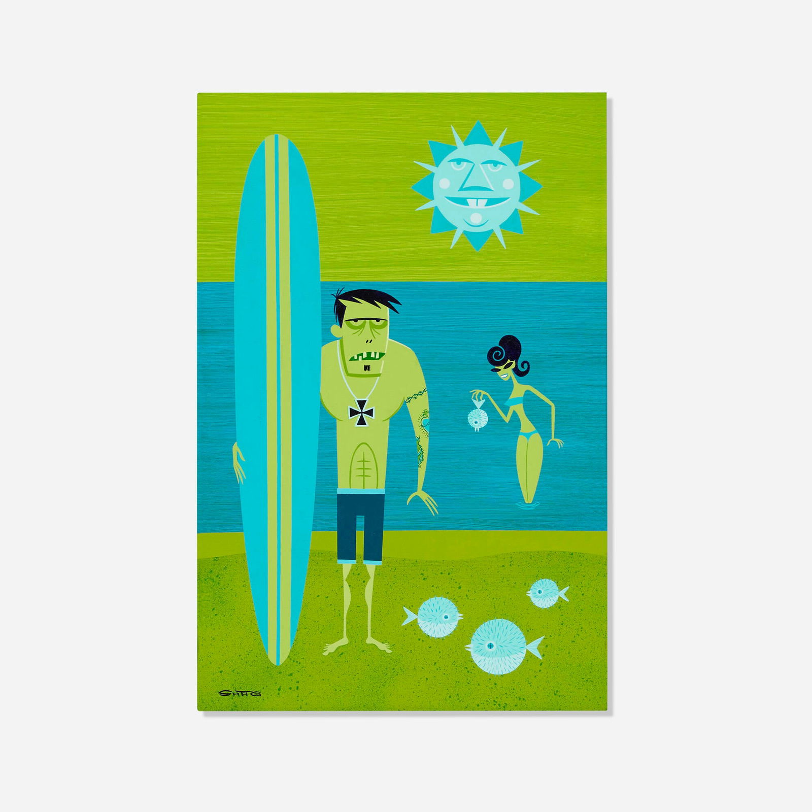 Shag (Josh Agle), Turquoise Sun: Shag (Josh Agle) Turquoise Sun 2005 acrylic on board 21 h x 14 w in (53 x 36 cm) Signed to lower right 'Shag'. Signed, titled and dated to verso 'Turquoise Sun 2005 Josh Agle Shag'. Provenance: