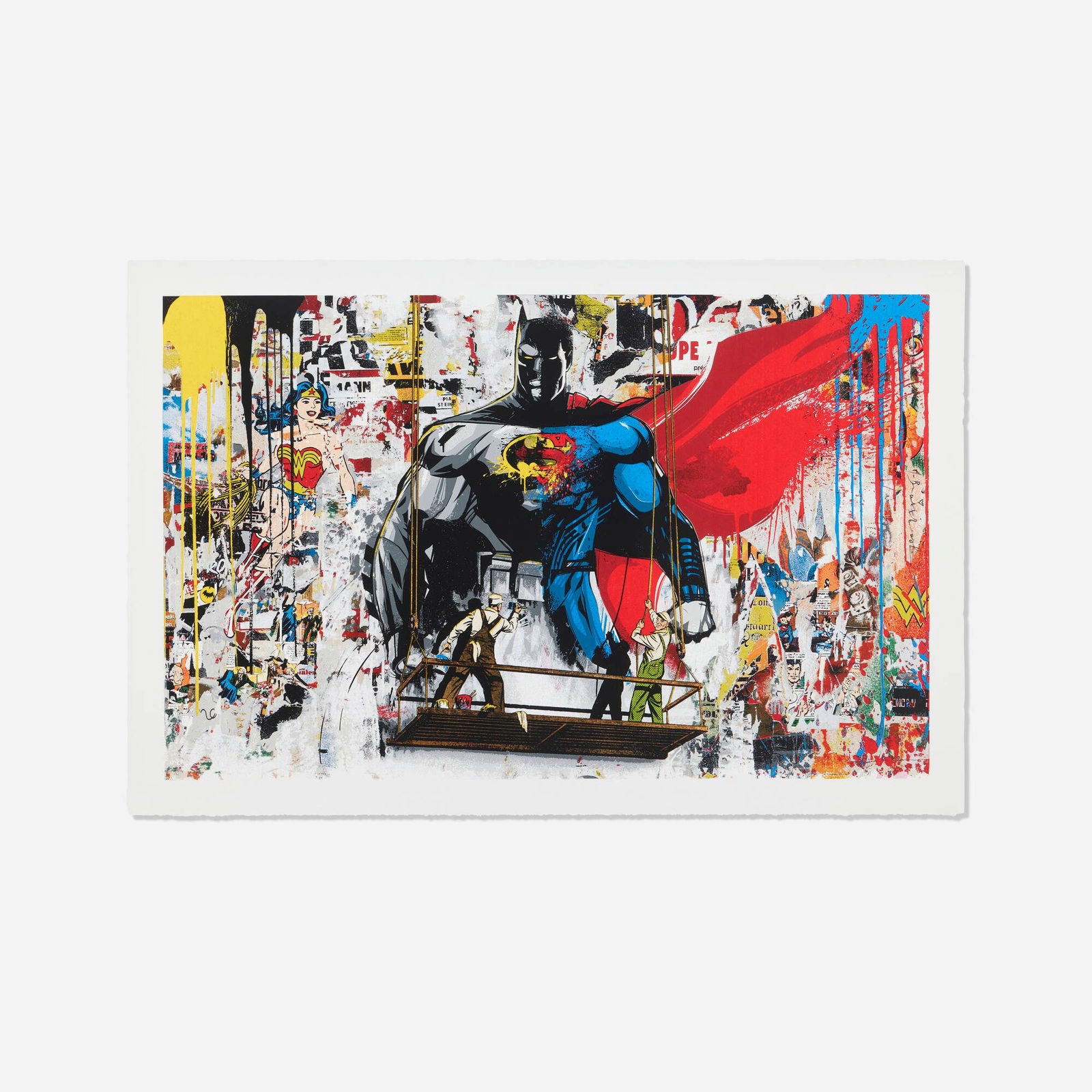 Mr. Brainwash, Batman vs. Superman: Mr. Brainwash Batman vs. Superman 2016 screenprint on hand-torn Archival image: 20.875 h x 32.625 w in (53 x 83 cm) sheet: 24 h x 25.875 w in (61 x 66 cm) Signed to right edge 'Mr. Brainwash'.