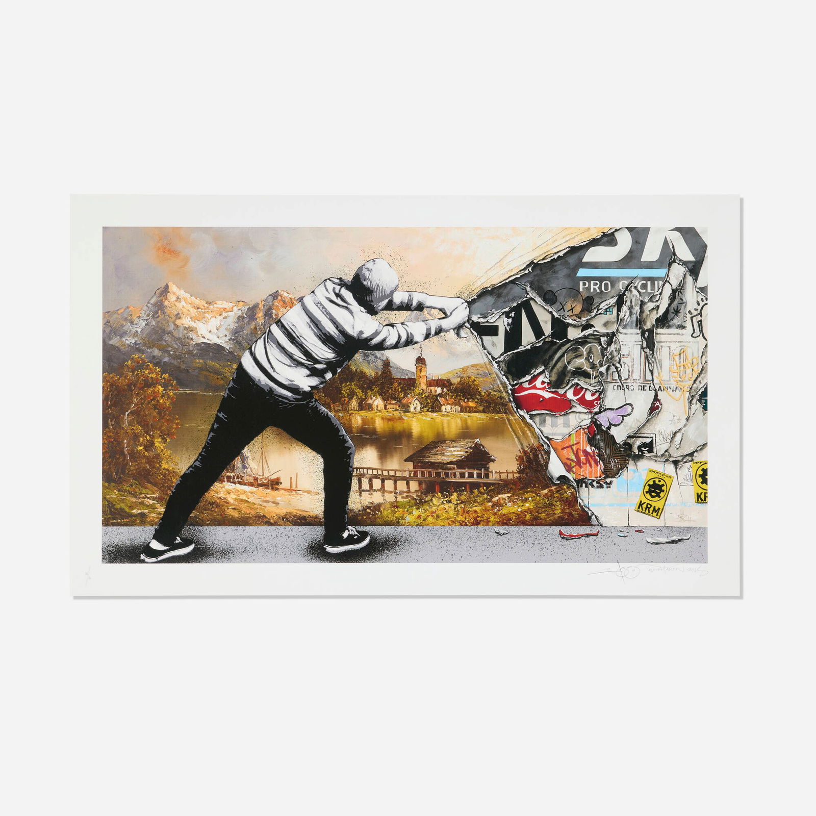 Martin Whatson X PEZ, Behind the Curtain (Decay): Martin Whatson X PEZ Behind the Curtain (Decay) 2018 screenprint in colors image: 15.625 h x 28 w in (40 x 71 cm) sheet: 18.875 h x 31.25 w in (48 x 79 cm) Signed, dated and numbered to lower edge