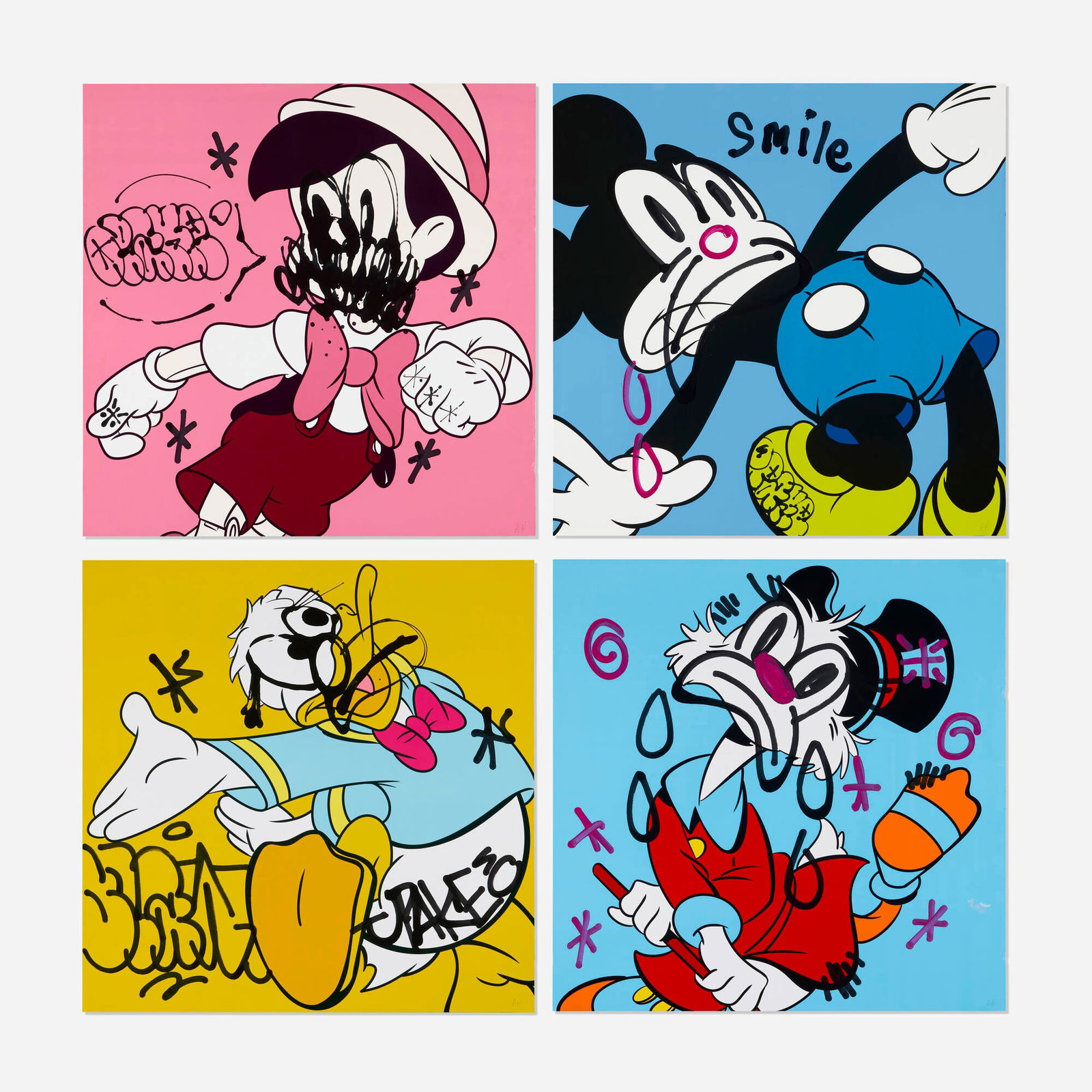 Olaolu Slawn X Opake, Untitled (four works): Olaolu Slawn X Opake Untitled (four works) c. 2025 offset lithograph in colors with hand-embellishment 31.375 h x 31.375 w in (80 x 80 cm) Numbered to lower right of each work 'A.P.'. These works