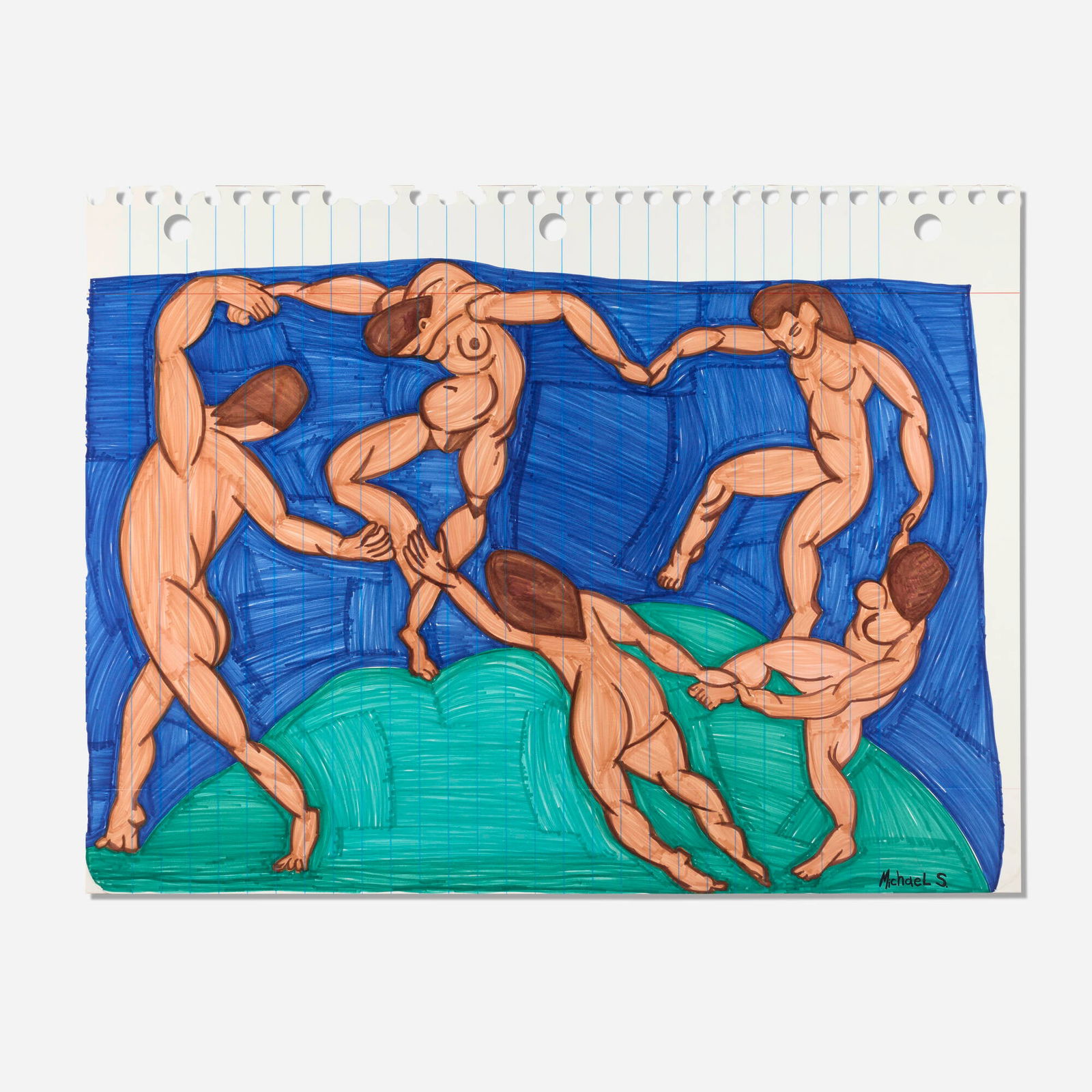 Michael Scoggins, The Dancers (After Matisse): Michael Scoggins The Dancers (After Matisse) 2011Prismacolor marker and colored pencil on paper laid to canvas 52.875 h x 67.375 w in (134 x 171 cm) Signed to lower right 'MichaeL S.'.