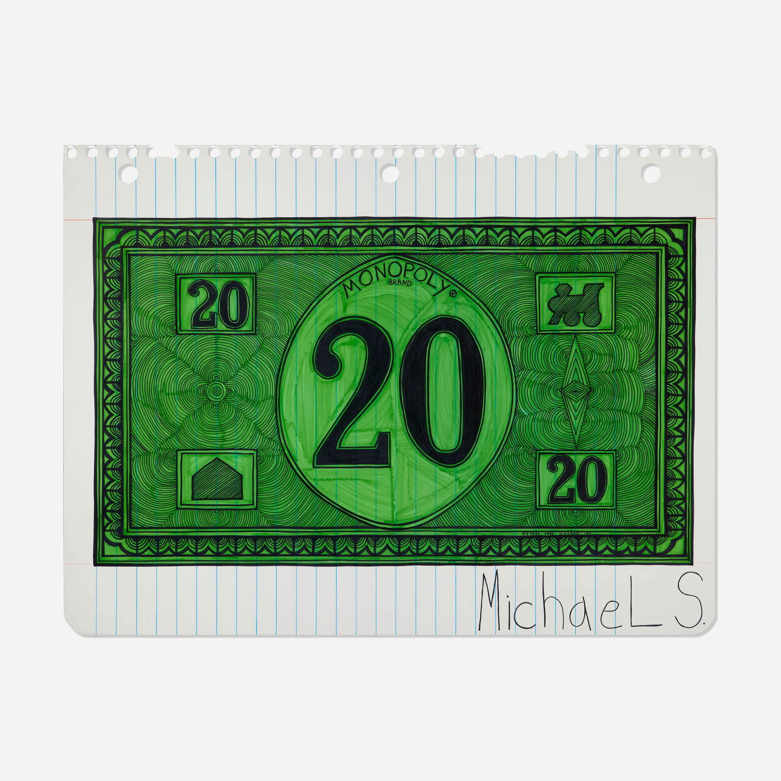 Michael Scoggins, Twenty Monopoly Dollars: Michael Scoggins Twenty Monopoly Dollars 2009Prismacolor marker and colored pencil on hand-cut paper 51 h x 67.25 w in (130 x 171 cm) Signed to lower right 'MichaeL S'. Signed, titled, dated a