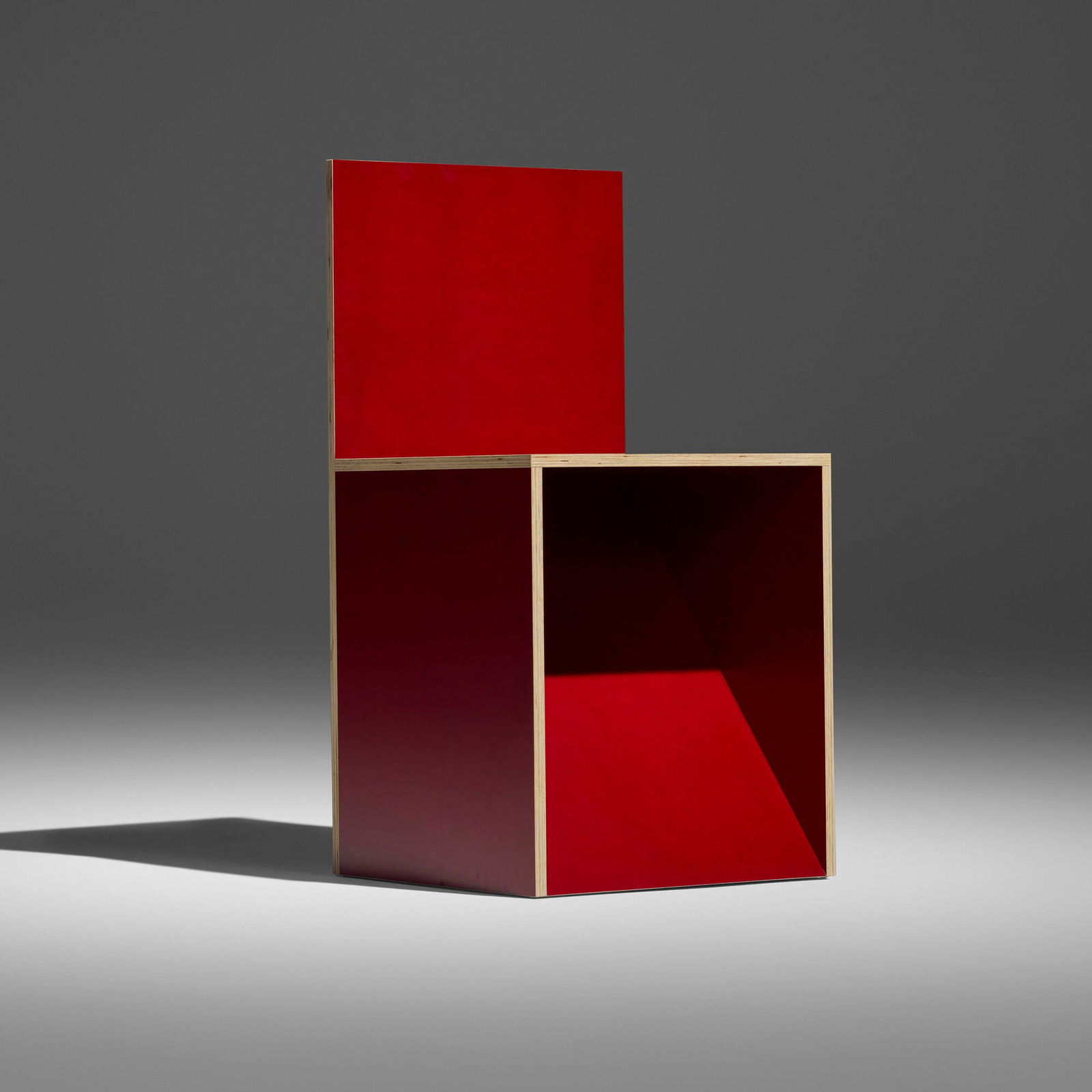 Donald Judd, No. 84-18 chair: Donald Judd No. 84-18 chair Wood & Plywood Furniture USA, 1991 / 2022 laminate over plywood 30 h x 15 w x 15 d in (76 x 38 x 38 cm) Impressed manufacturer's mark to underside 'Donald Judd PW C8 R