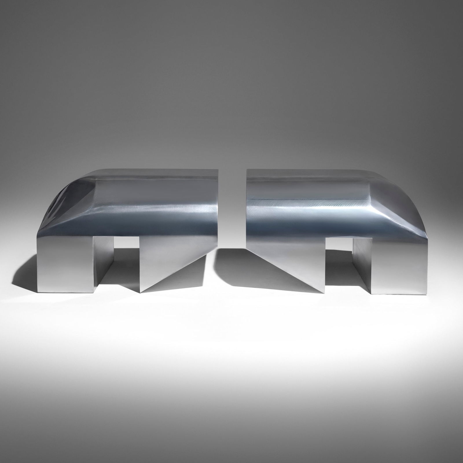 Rick Owens, Single Prong Aluminum, pair: Rick Owens Single Prong Aluminum, pair USA/France, 2018chrome-plated aluminum over wood 19.5 h x 35.5 w x 31.5 d in (50 x 90 x 80 cm) This sculptural design can be used as seating or decoratio
